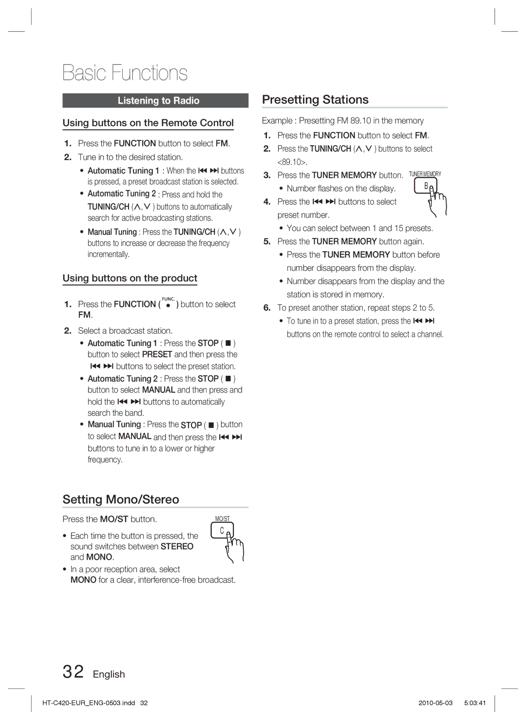 Samsung HT-C420/EDC Setting Mono/Stereo, Presetting Stations, Listening to Radio, Using buttons on the Remote Control 