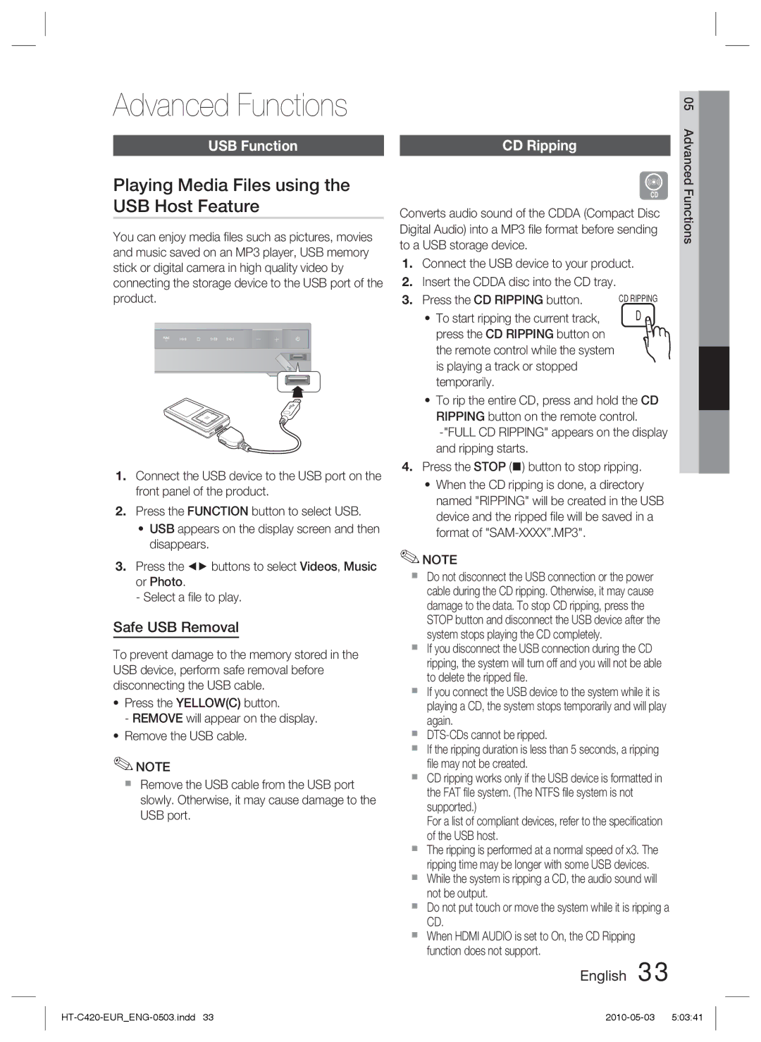 Samsung HT-C420/XEE manual Playing Media Files using the USB Host Feature, USB Function, Safe USB Removal, CD Ripping 