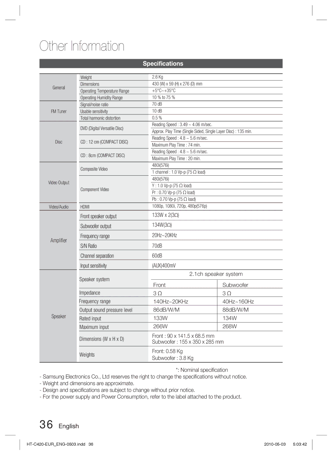 Samsung HT-C420/EDC manual Speciﬁcations, Amplifier Speaker, Front speaker output, Subwoofer output 134W3 Frequency range 