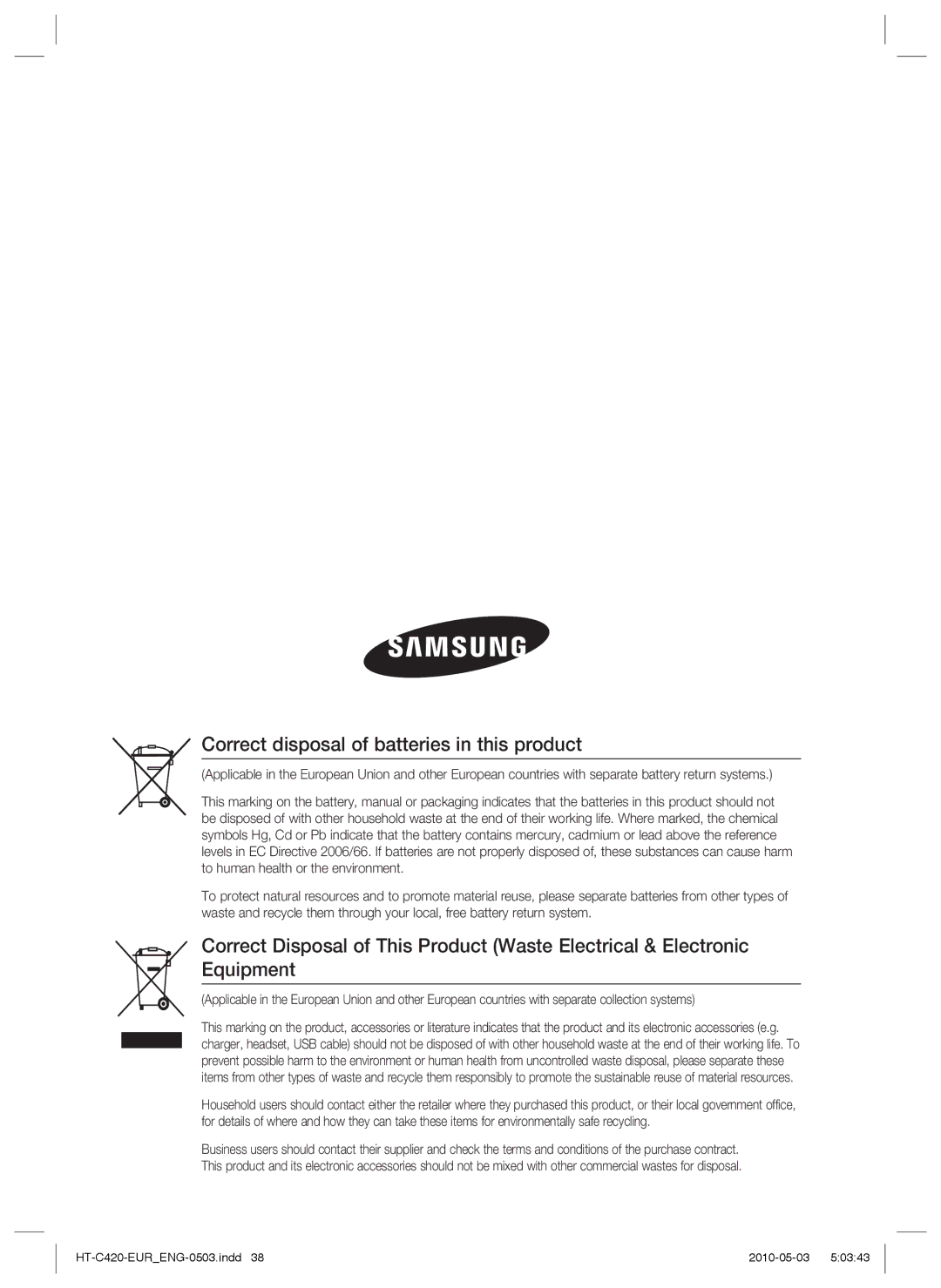 Samsung HT-C420/EDC, HT-C420/XEE manual Correct disposal of batteries in this product 