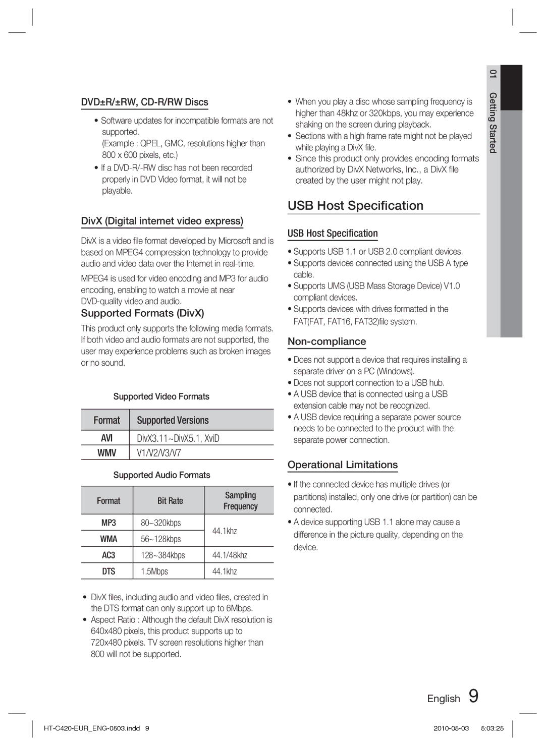 Samsung HT-C420/XEE, HT-C420/EDC manual USB Host Speciﬁcation 