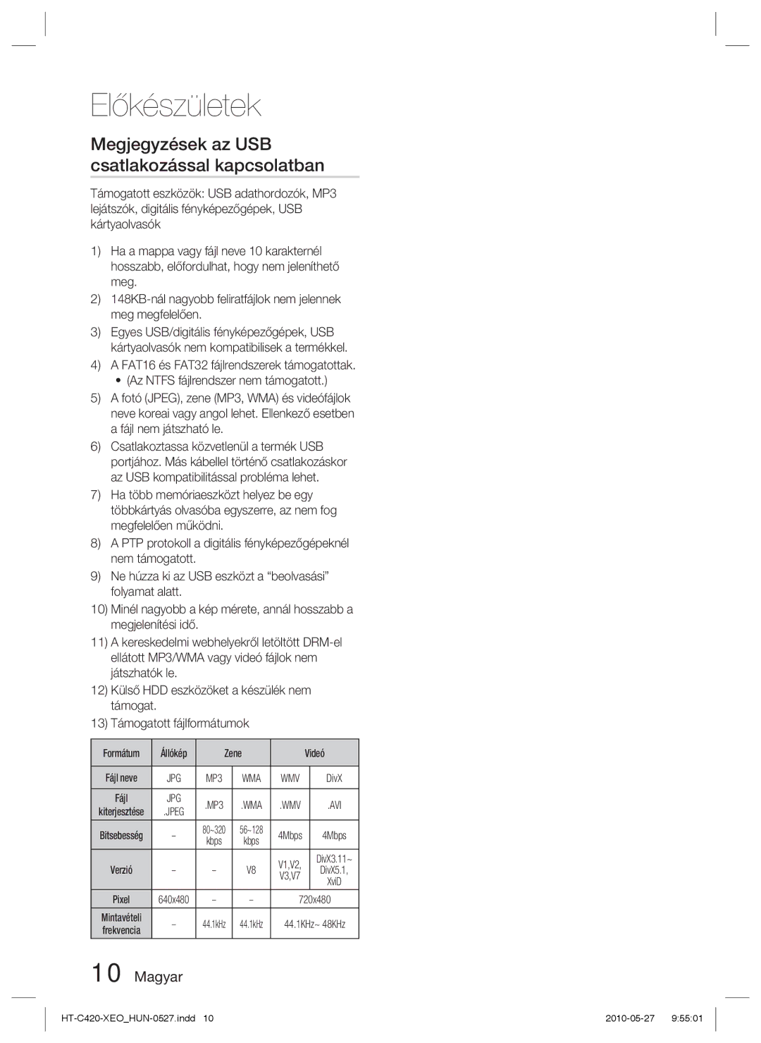 Samsung HT-C420/EDC, HT-C420/XEE manual Megjegyzések az USB csatlakozással kapcsolatban, Avi 