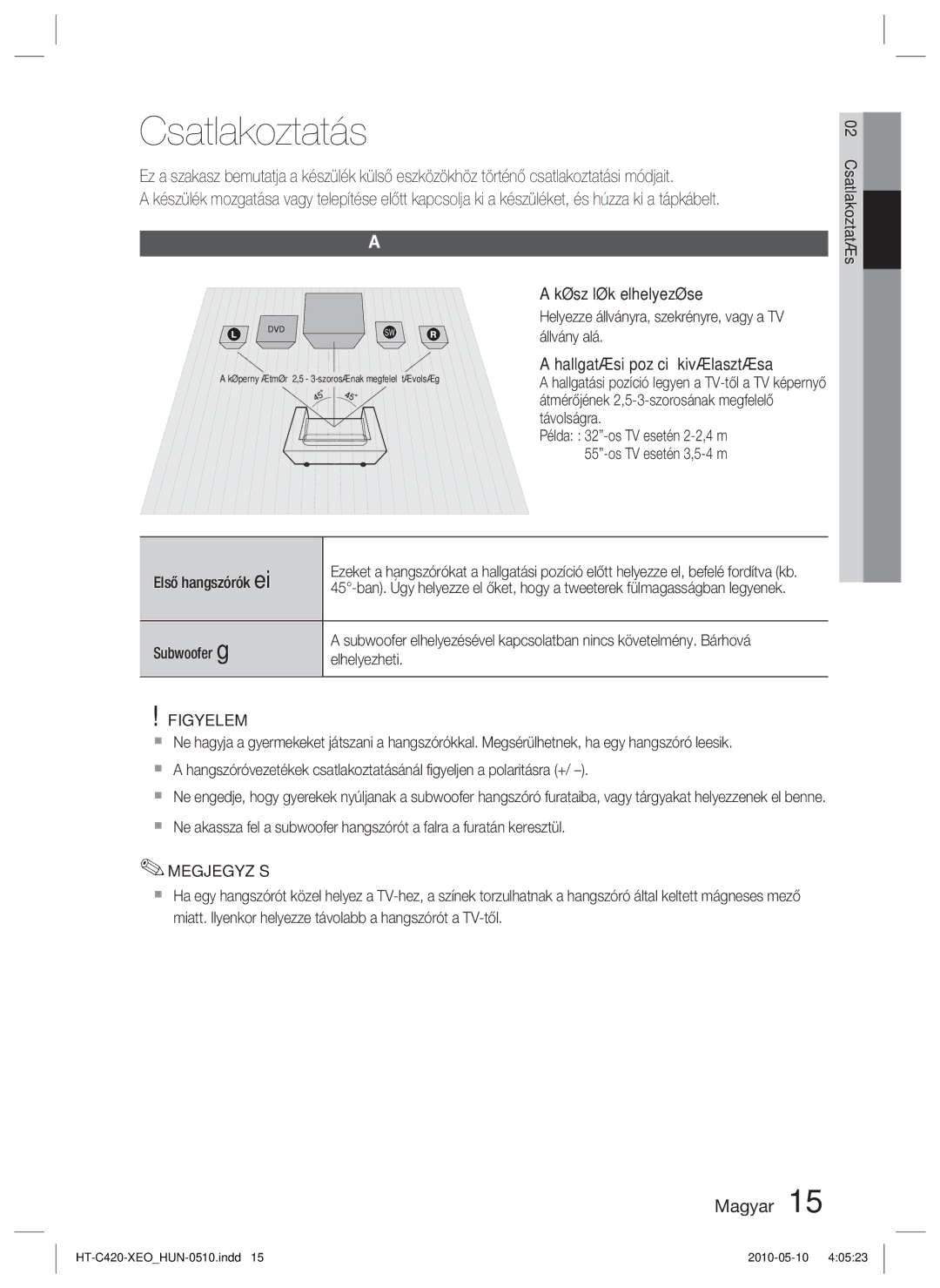 Samsung HT-C420/XEE, HT-C420/EDC manual Csatlakoztatás, Hangszórók csatlakoztatása, Figyelem 