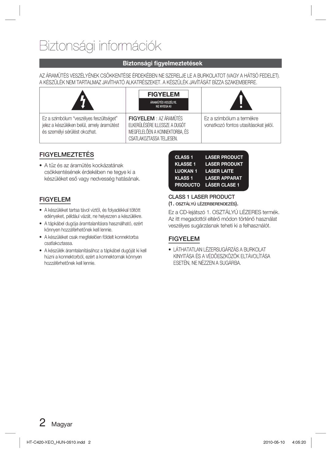 Samsung HT-C420/EDC, HT-C420/XEE manual Biztonsági információk, Biztonsági ﬁgyelmeztetések, Magyar, Figyelem AZ Áramütés 