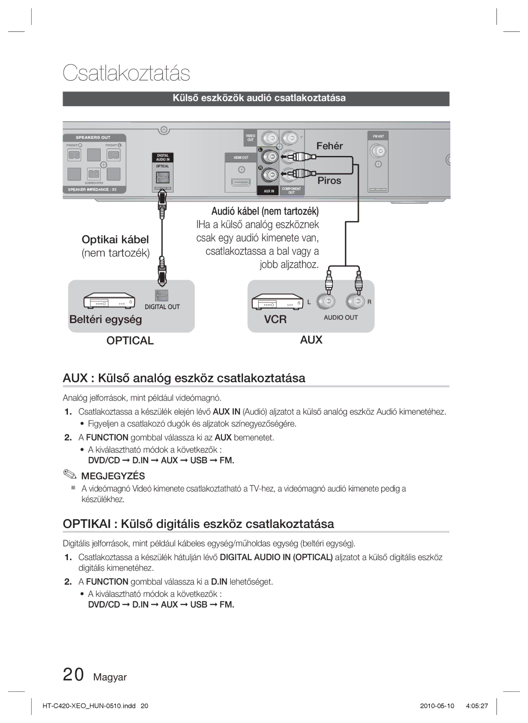 Samsung HT-C420/EDC, HT-C420/XEE AUX Külső analóg eszköz csatlakoztatása, Optikai Külső digitális eszköz csatlakoztatása 