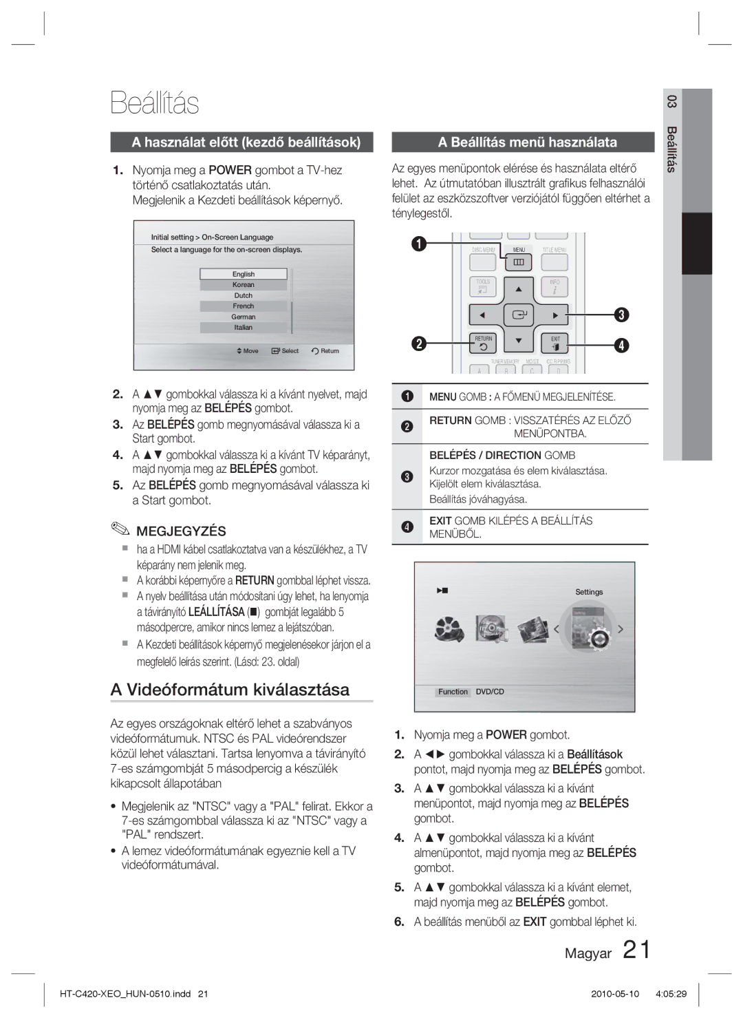 Samsung HT-C420/XEE, HT-C420/EDC manual Beállítás, Videóformátum kiválasztása, Használat előtt kezdő beállítások 