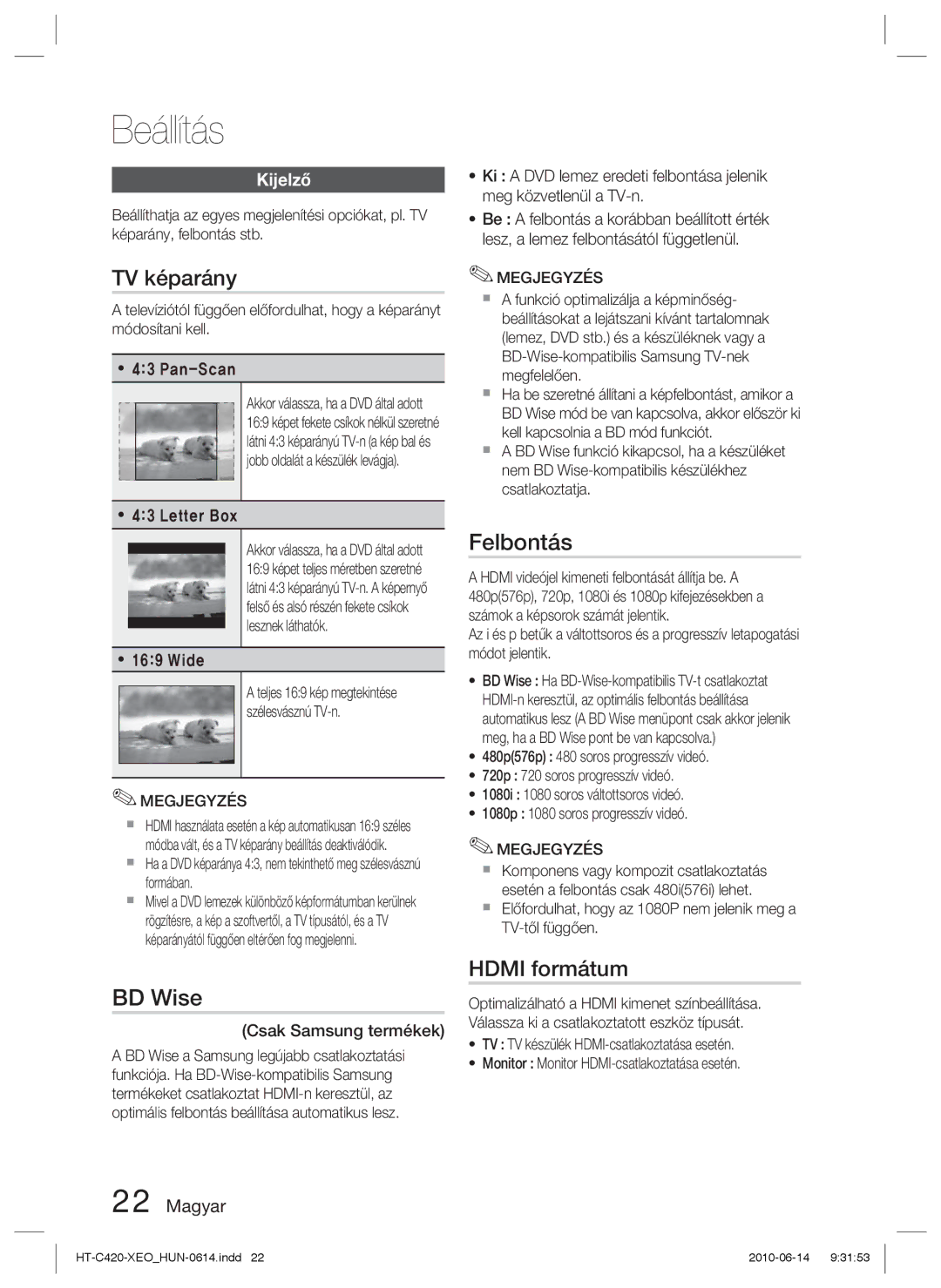 Samsung HT-C420/EDC, HT-C420/XEE manual TV képarány, Felbontás, BD Wise, Hdmi formátum, Kijelző 