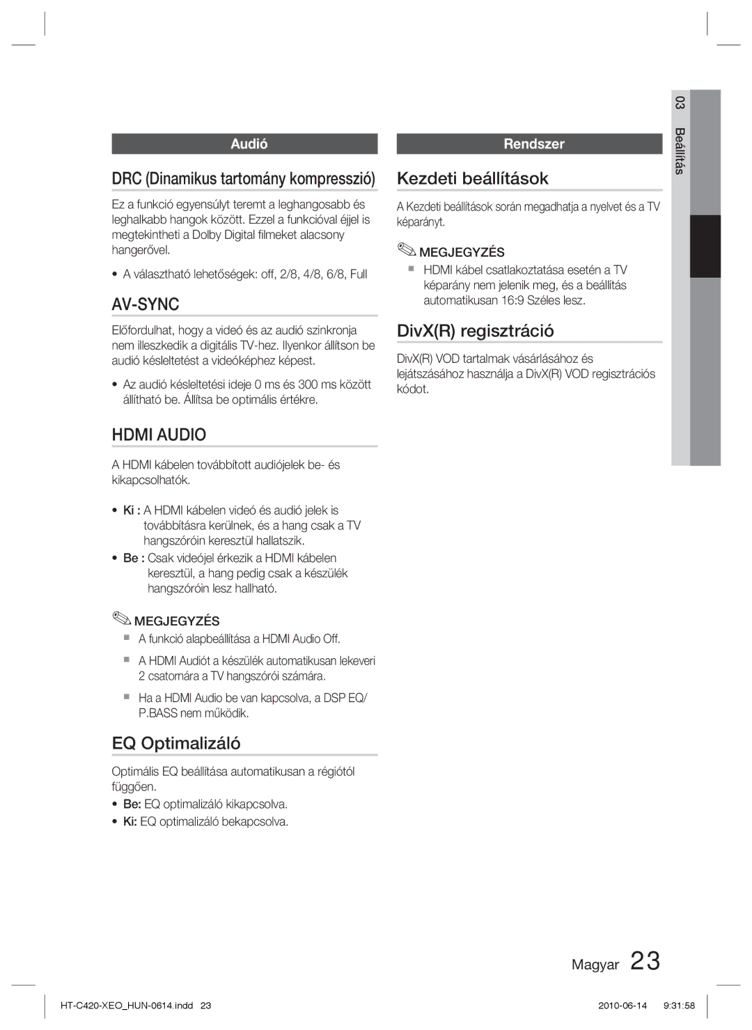 Samsung HT-C420/XEE manual Kezdeti beállítások, DivXR regisztráció, EQ Optimalizáló, DRC Dinamikus tartomány kompresszió 