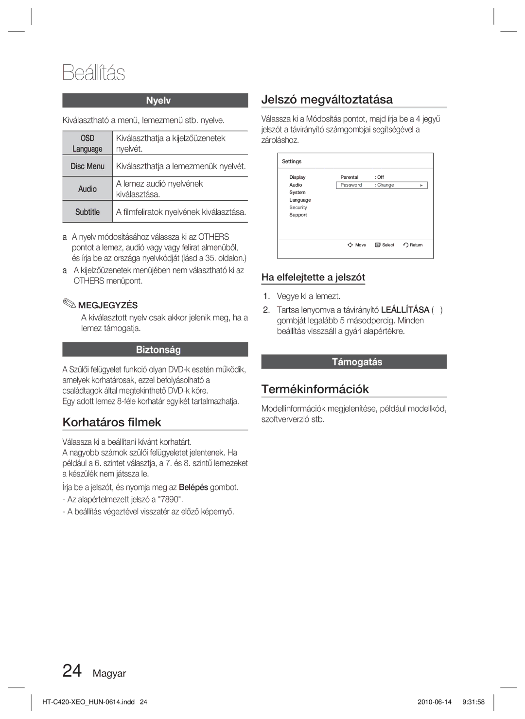 Samsung HT-C420/EDC, HT-C420/XEE manual Jelszó megváltoztatása, Korhatáros ﬁlmek, Termékinformációk 