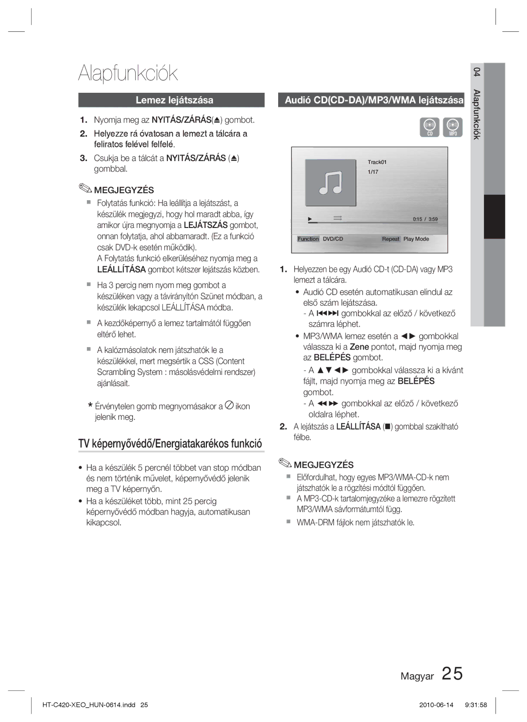 Samsung HT-C420/XEE, HT-C420/EDC manual Alapfunkciók, Lemez lejátszása, TV képernyővédő/Energiatakarékos funkció 