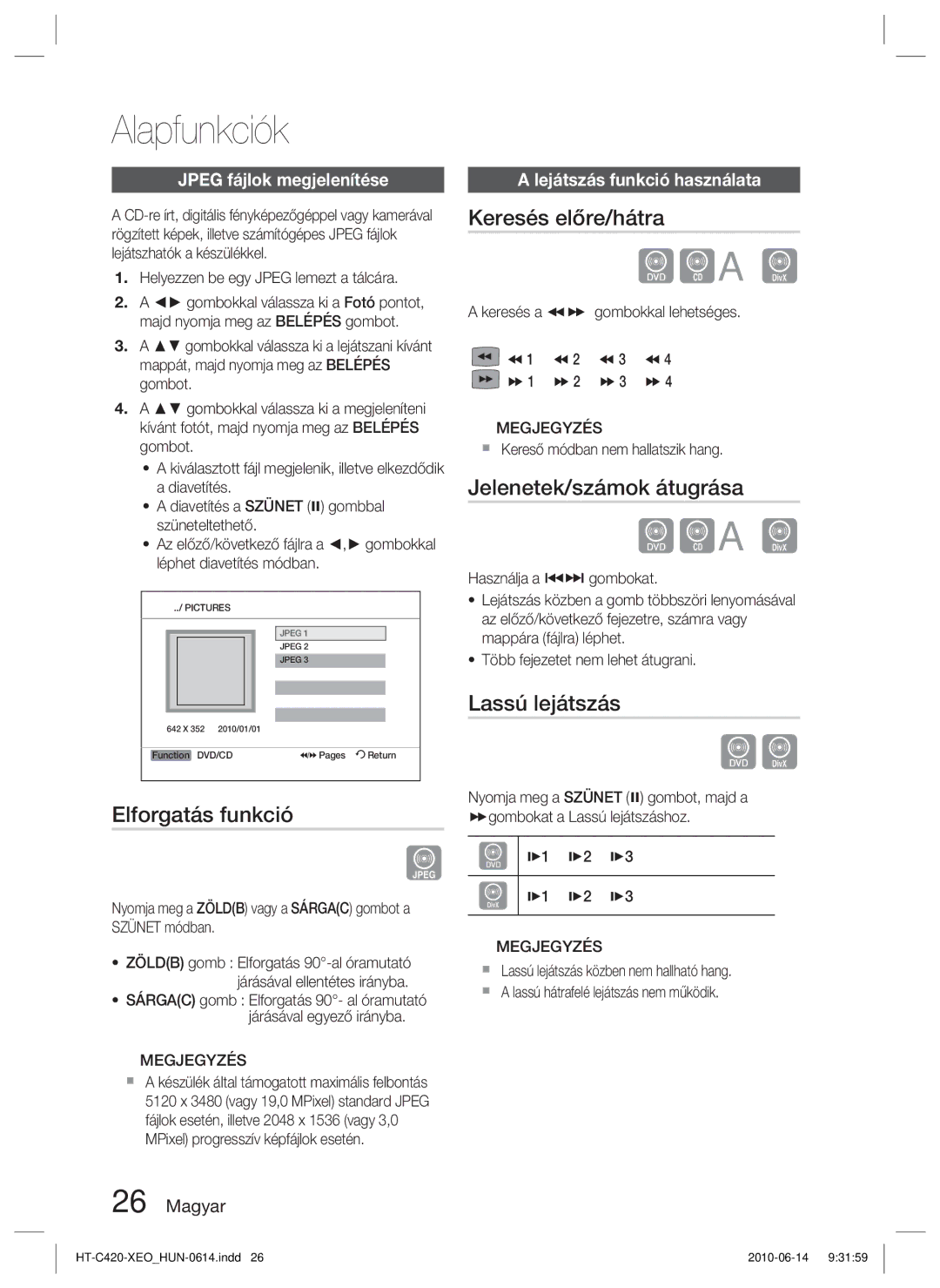 Samsung HT-C420/EDC, HT-C420/XEE manual Elforgatás funkció, Keresés előre/hátra, Jelenetek/számok átugrása, Lassú lejátszás 