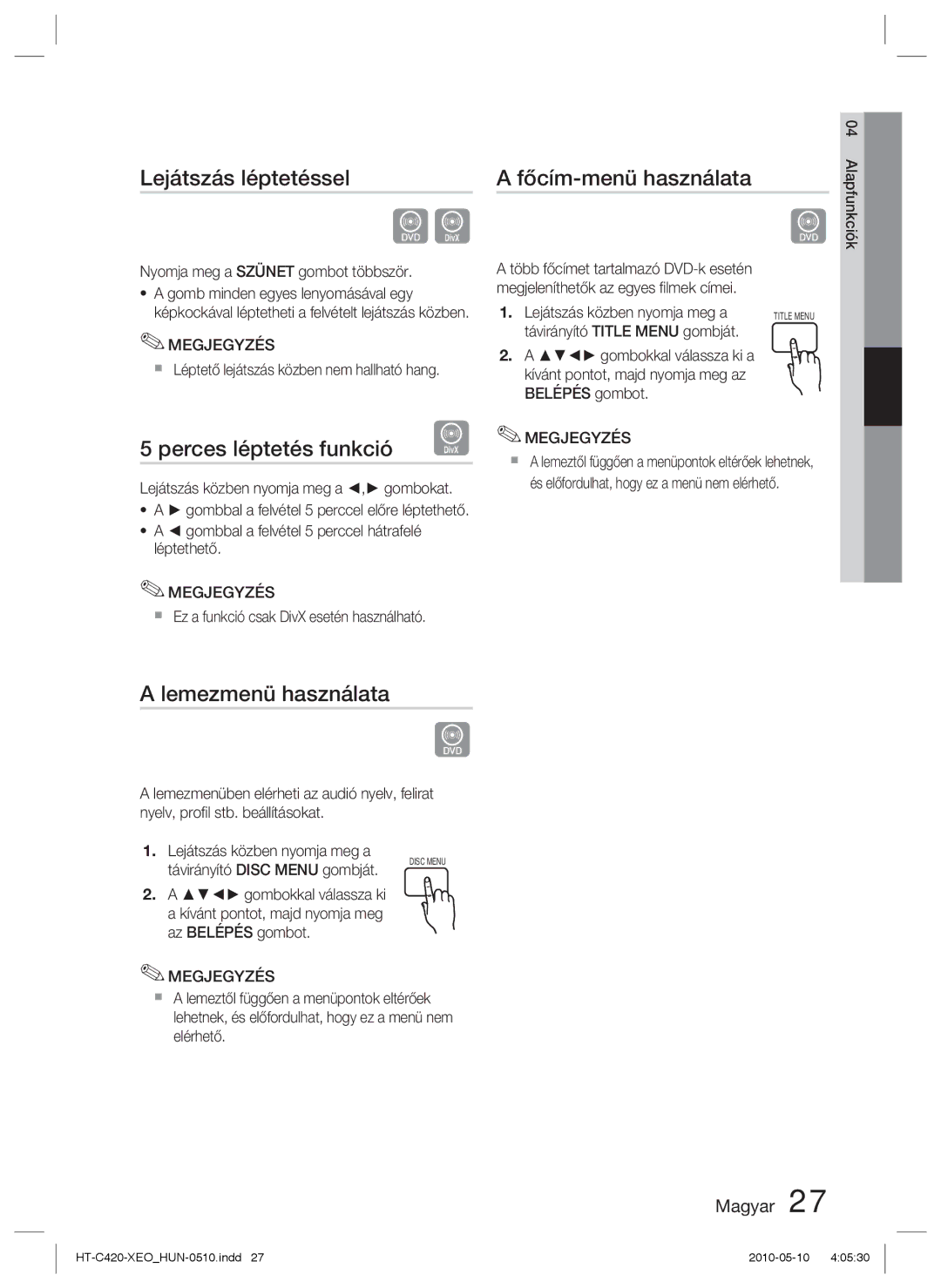 Samsung HT-C420/XEE manual Lejátszás léptetéssel, Perces léptetés funkció, Lemezmenü használata, Főcím-menü használata 