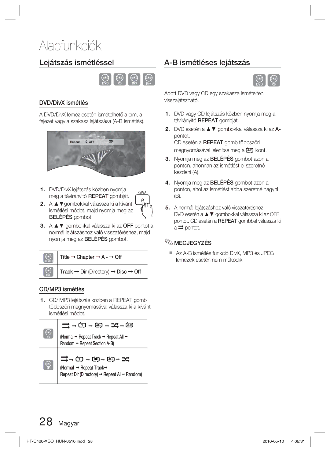 Samsung HT-C420/EDC, HT-C420/XEE manual Lejátszás ismétléssel, Ismétléses lejátszás, DVD/DivX ismétlés, CD/MP3 ismétlés 