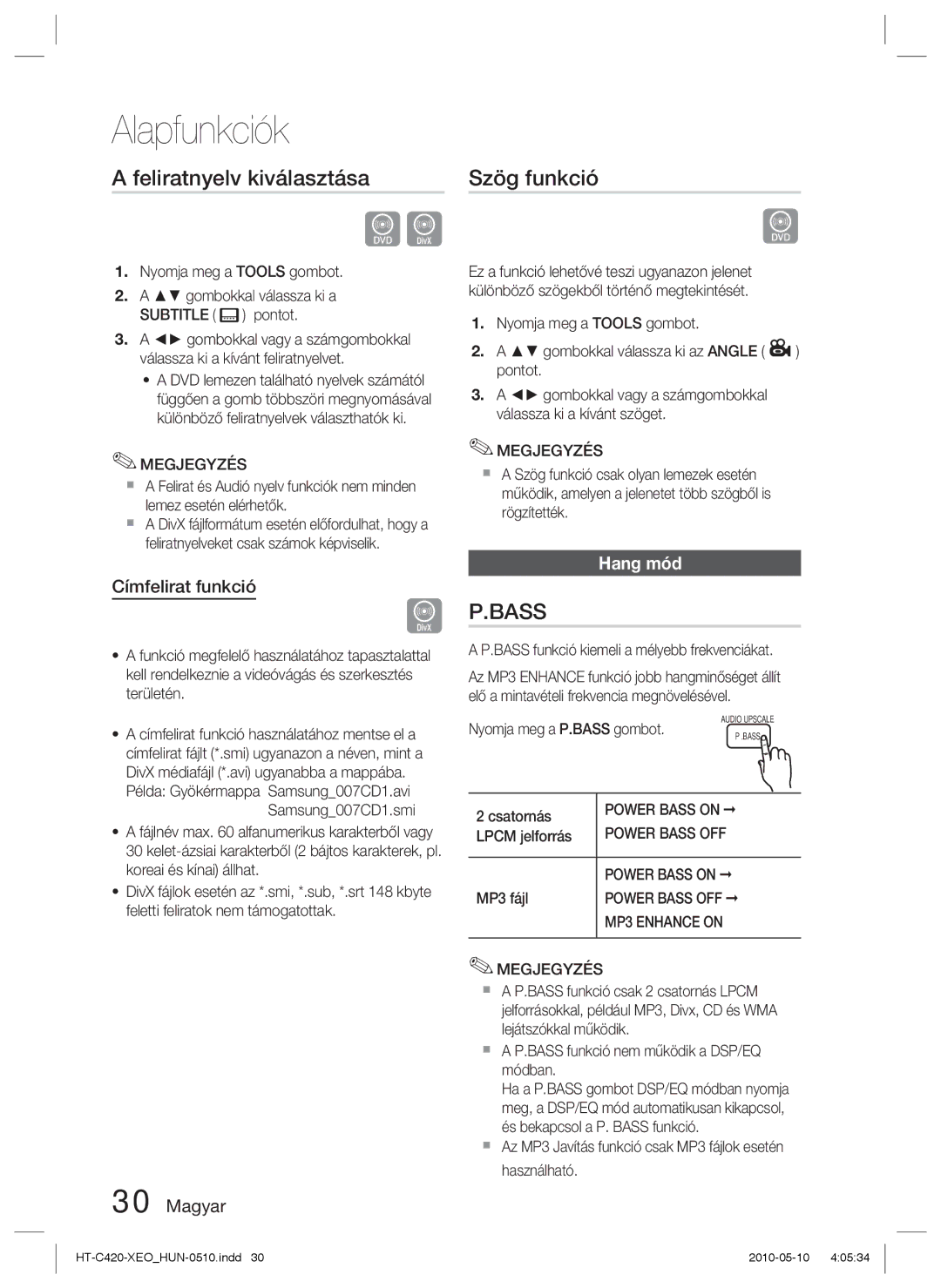 Samsung HT-C420/EDC, HT-C420/XEE manual Feliratnyelv kiválasztása, Szög funkció, Címfelirat funkció, Hang mód 