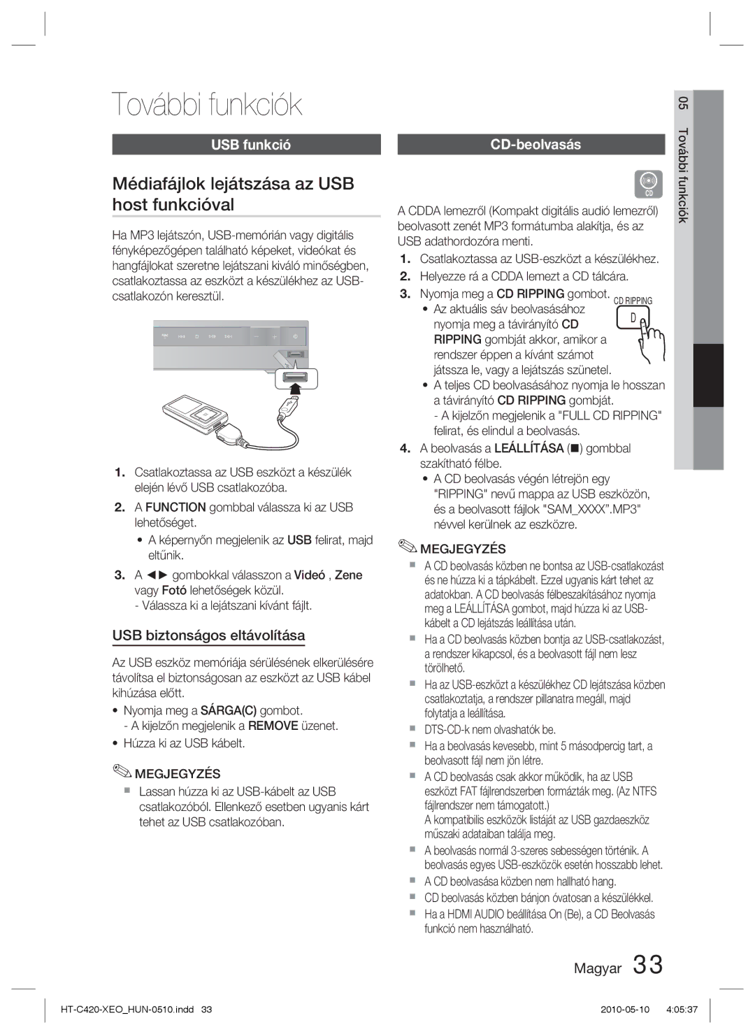 Samsung HT-C420/XEE manual További funkciók, Médiafájlok lejátszása az USB host funkcióval, USB funkció, CD-beolvasás 