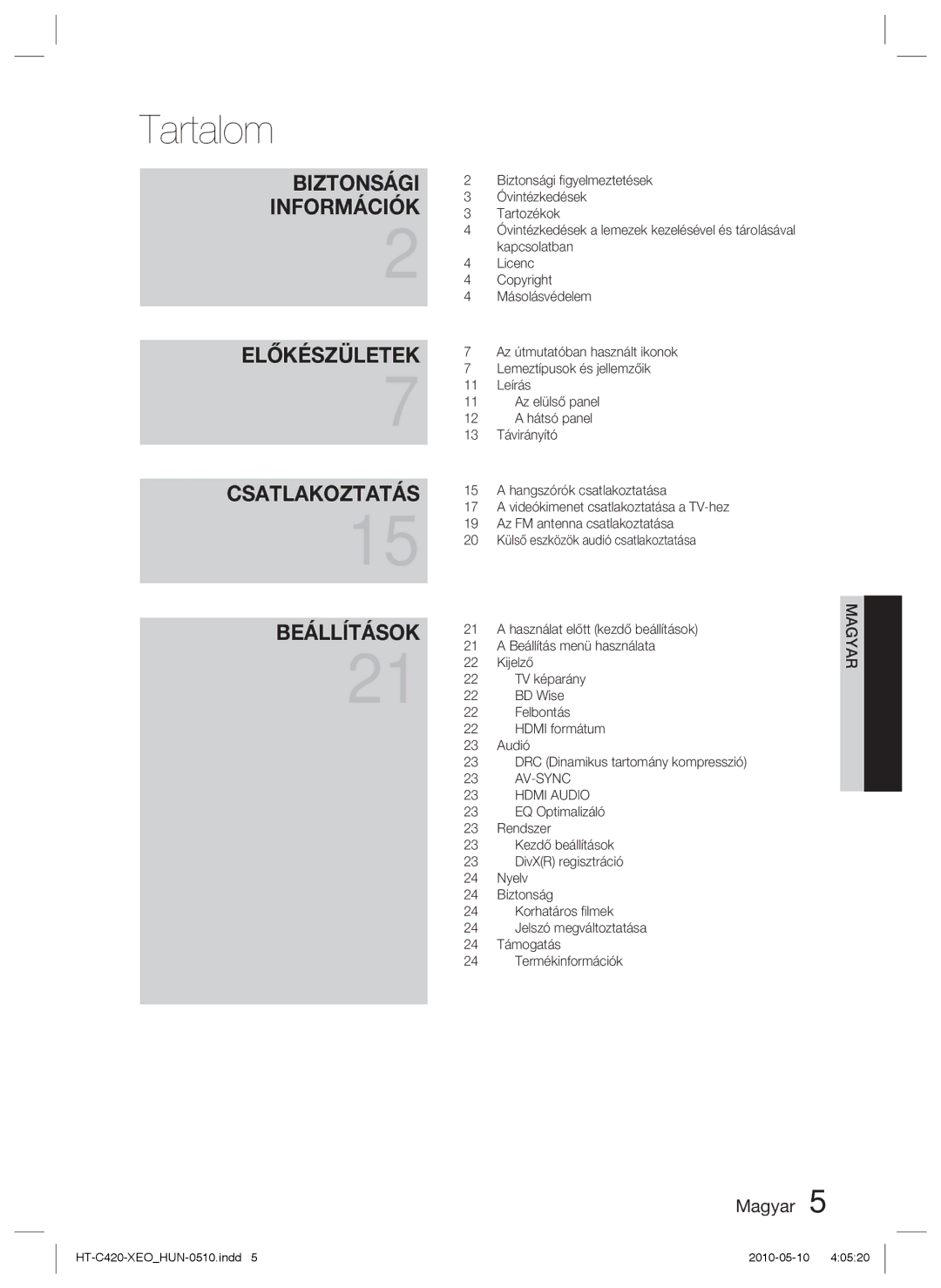 Samsung HT-C420/XEE, HT-C420/EDC manual Tartalom, Biztonsági Információk 