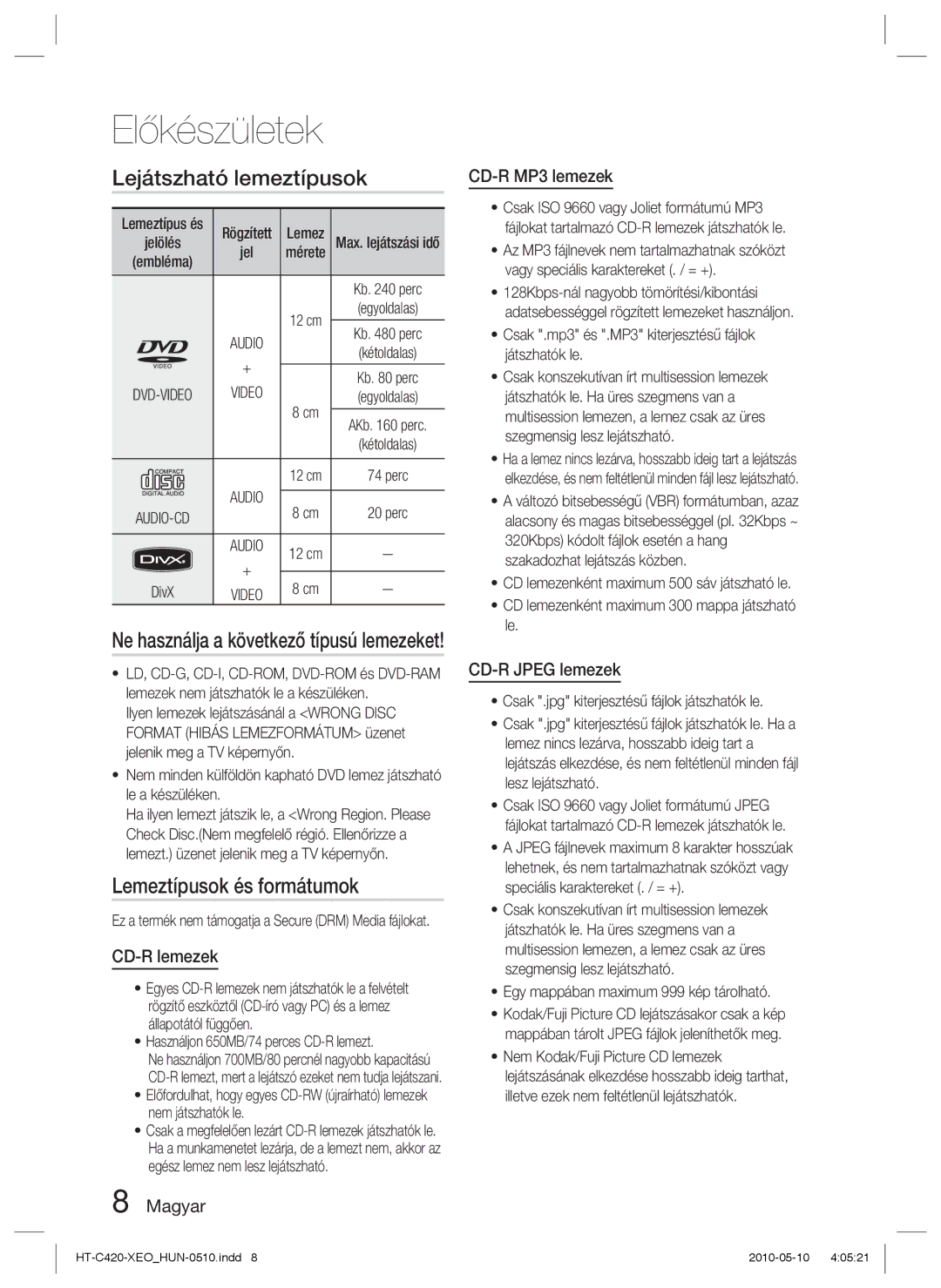 Samsung HT-C420/EDC, HT-C420/XEE manual Lejátszható lemeztípusok, Lemeztípusok és formátumok 