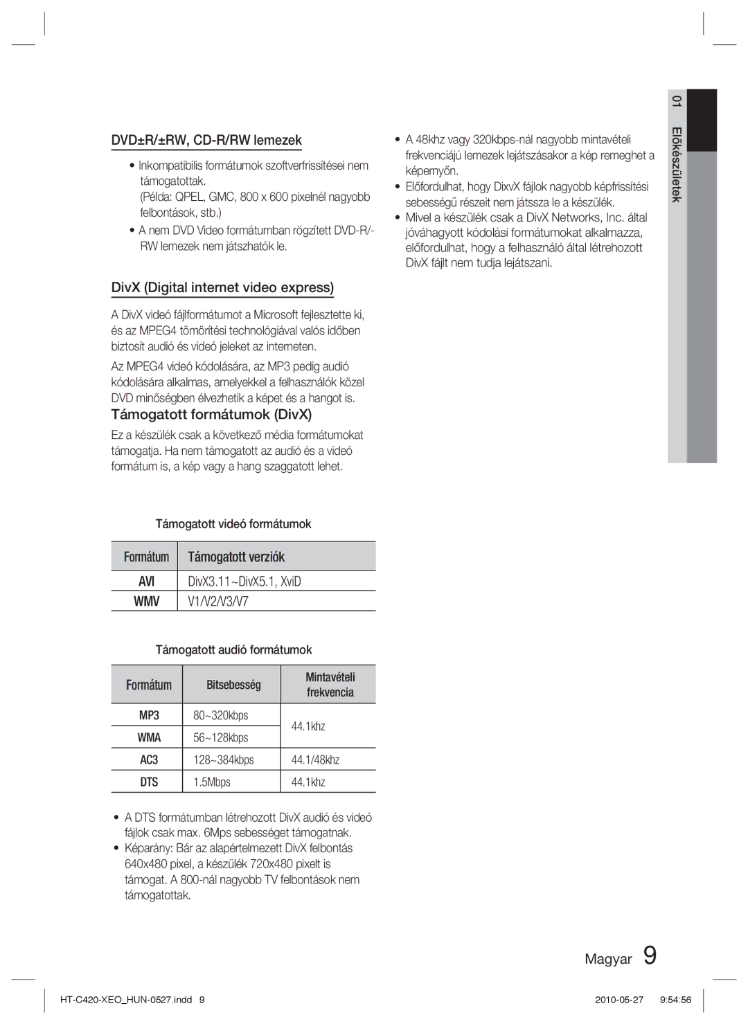 Samsung HT-C420/XEE manual DVD±R/±RW, CD-R/RW lemezek, DivX Digital internet video express, Támogatott formátumok DivX 