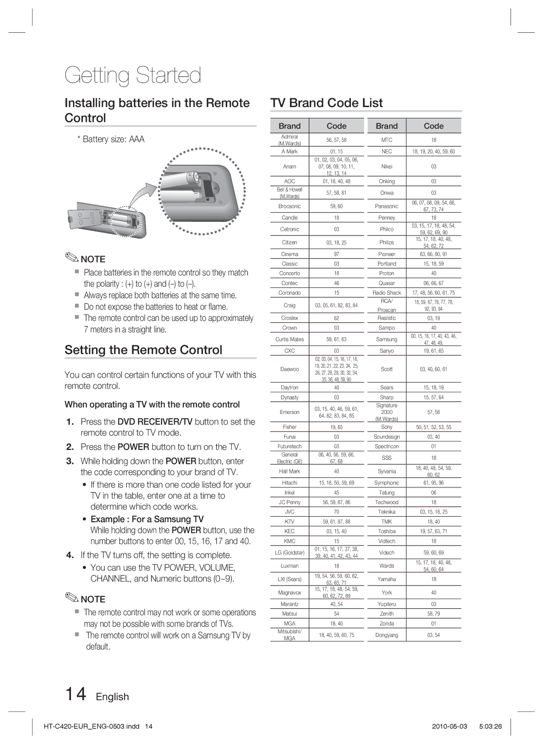 Samsung HT-C420/XEF manual Setting the Remote Control, Battery size AAA, If the TV turns off, the setting is complete 