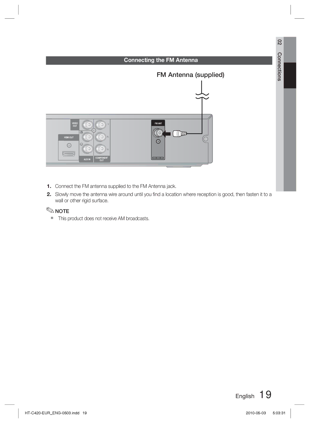 Samsung HT-C420/XEE, HT-C420/EDC, HT-C420/XEN, HT-C420/XEF manual FM Antenna supplied, Connecting the FM Antenna 