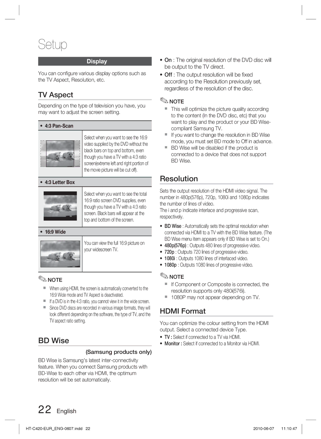 Samsung HT-C420/XEF, HT-C420/EDC, HT-C420/XEN, HT-C420/XEE manual TV Aspect, BD Wise, Resolution, Hdmi Format, Display 