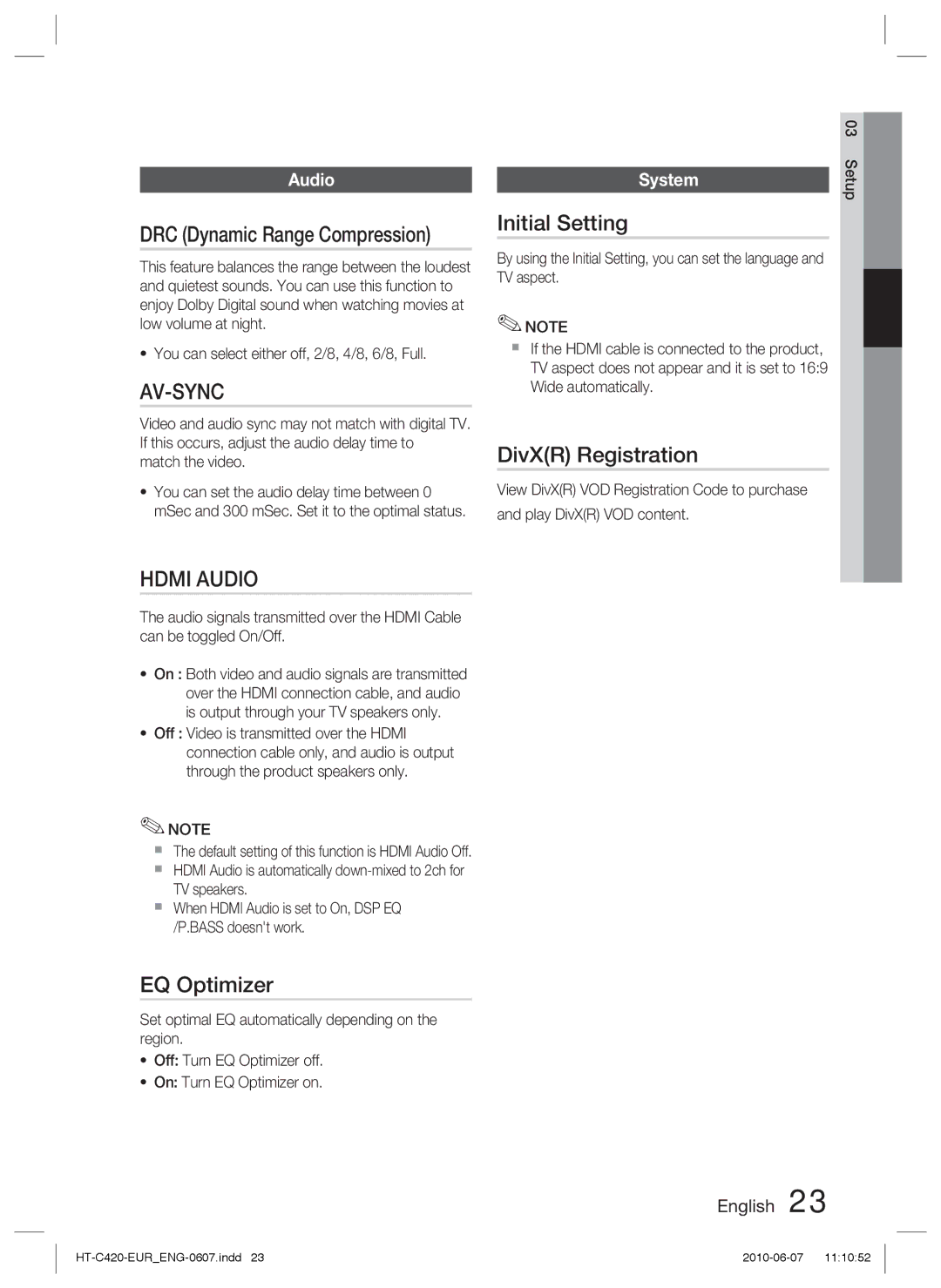 Samsung HT-C420/XEE, HT-C420/EDC, HT-C420/XEN, HT-C420/XEF Initial Setting, DivXR Registration, EQ Optimizer, Audio, System 