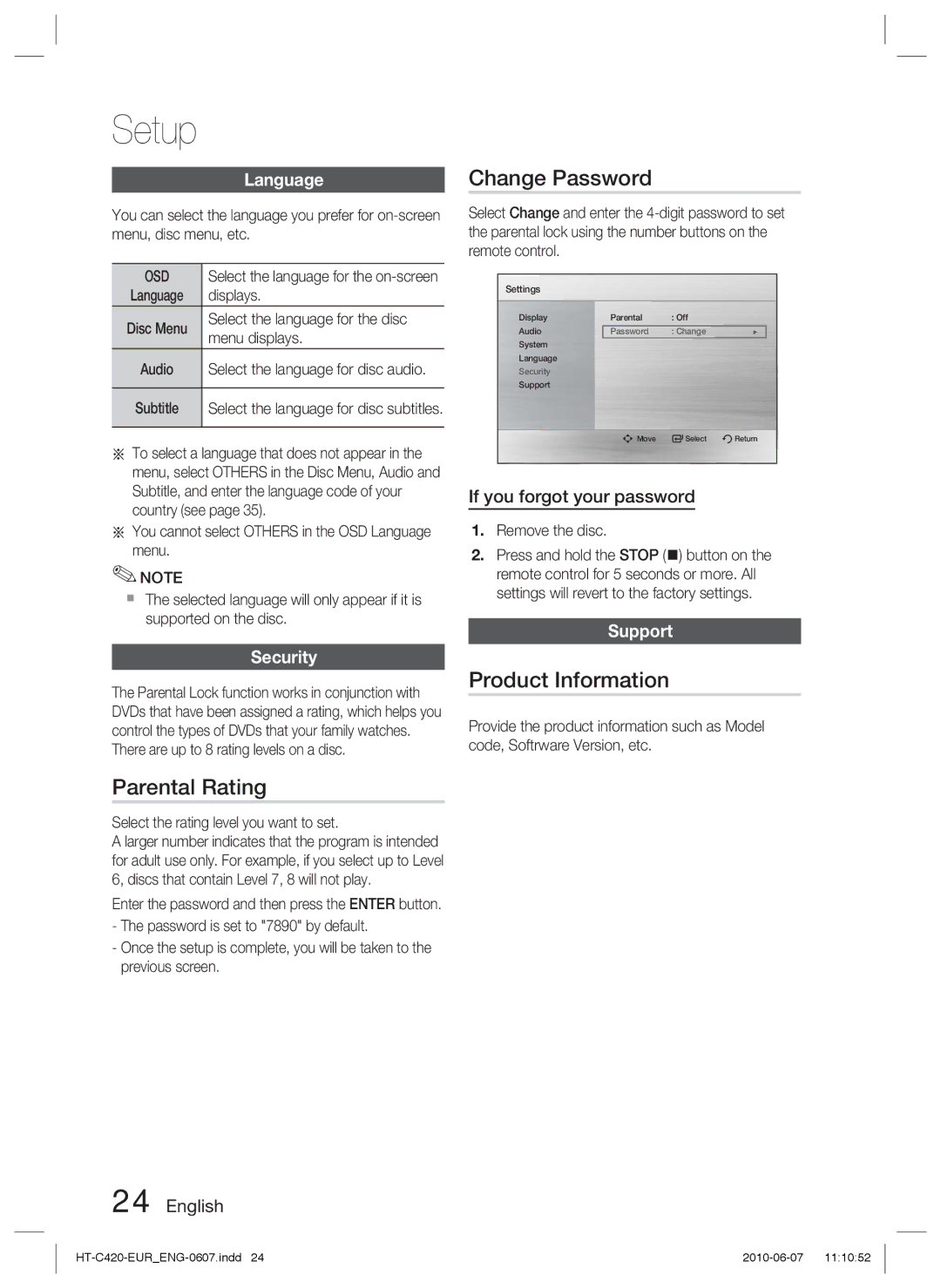 Samsung HT-C420/EDC, HT-C420/XEN, HT-C420/XEF, HT-C420/XEE manual Parental Rating, Change Password, Product Information 