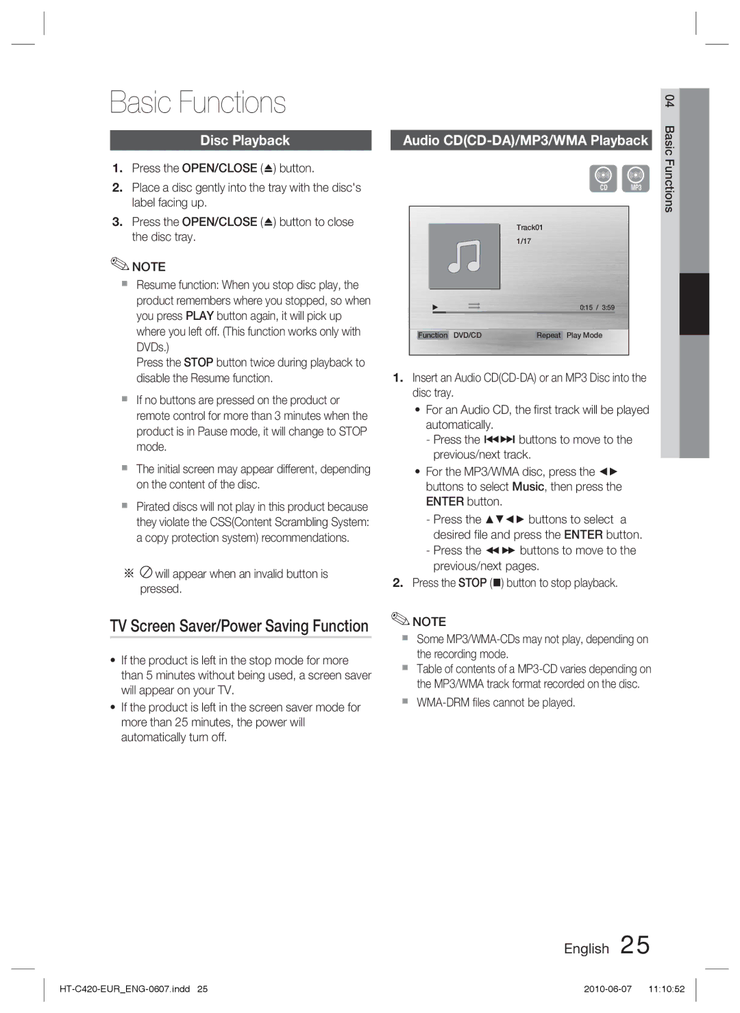 Samsung HT-C420/XEN manual Basic Functions, Disc Playback, Audio CDCD-DA/MP3/WMA Playback,  WMA-DRM ﬁles cannot be played 