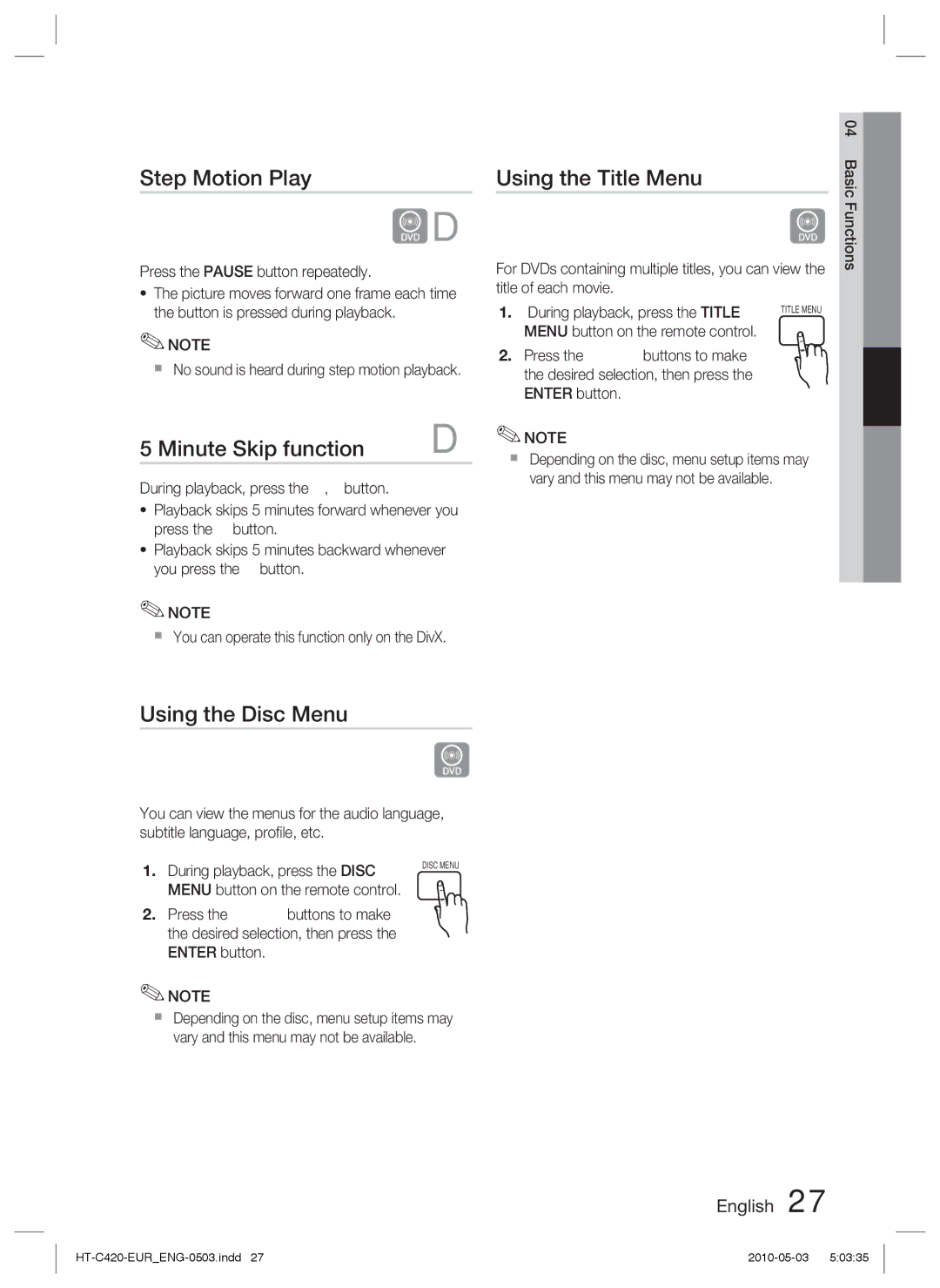 Samsung HT-C420/XEE, HT-C420/EDC manual Step Motion Play, Minute Skip function, Using the Title Menu, Using the Disc Menu 