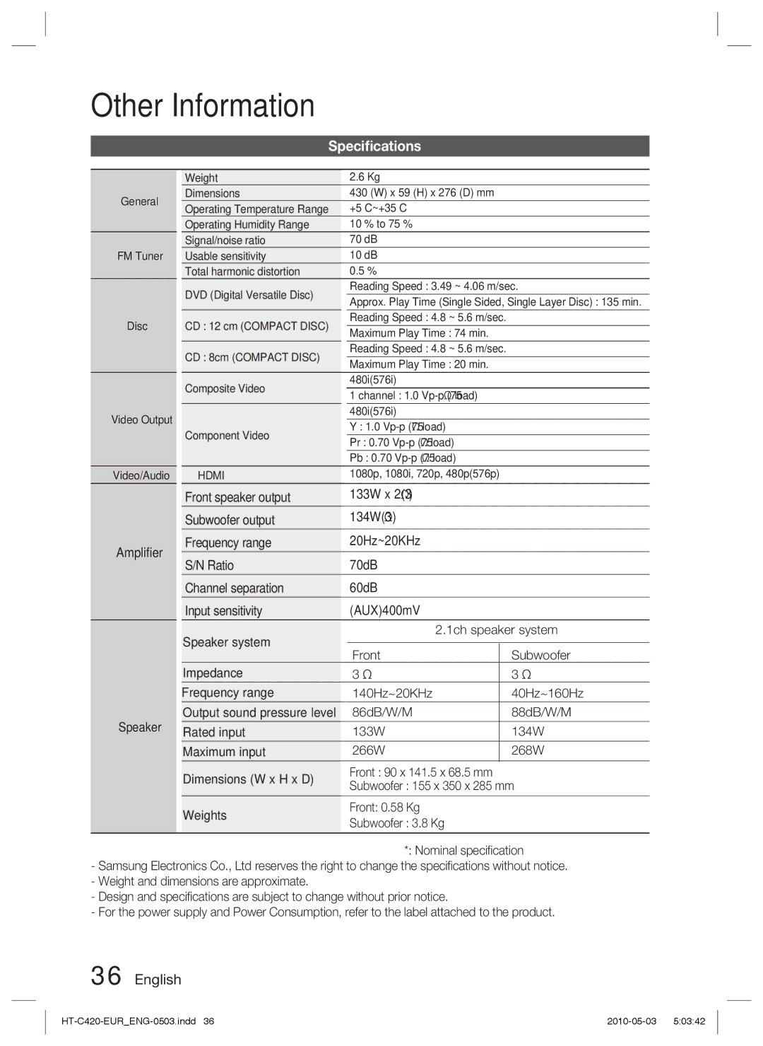 Samsung HT-C420/EDC manual Speciﬁcations, Amplifier Speaker, Front speaker output, Subwoofer output 134W3 Frequency range 