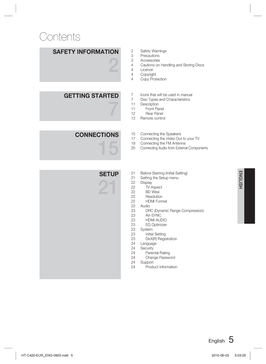 Samsung HT-C420/XEN, HT-C420/EDC, HT-C420/XEF, HT-C420/XEE manual Contents 