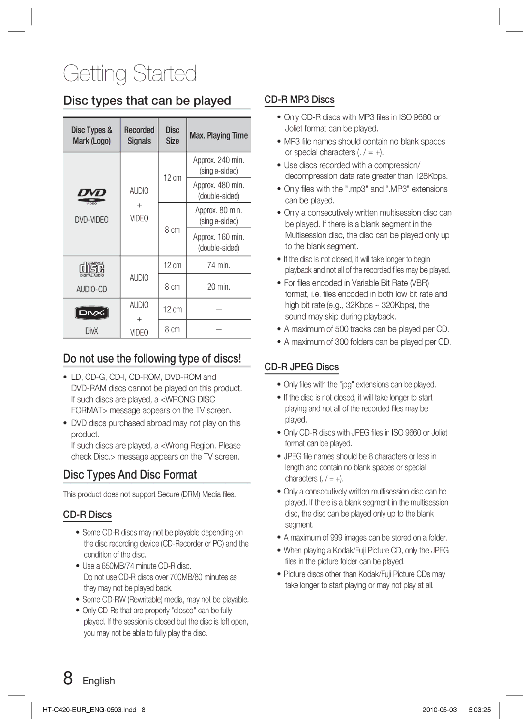 Samsung HT-C420/EDC Disc types that can be played, Disc Types And Disc Format, CD-R Discs, CD-R MP3 Discs, CD-R Jpeg Discs 