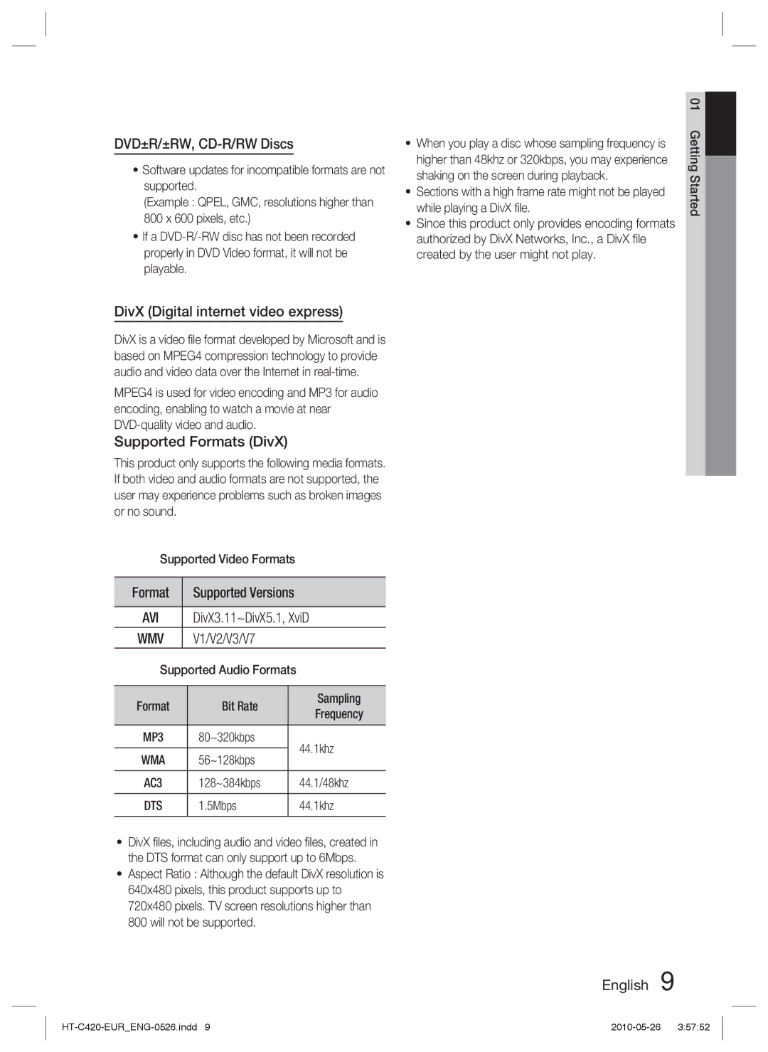 Samsung HT-C420/XEN DVD±R/±RW, CD-R/RW Discs, DivX Digital internet video express, Supported Formats DivX, V1/V2/V3/V7 