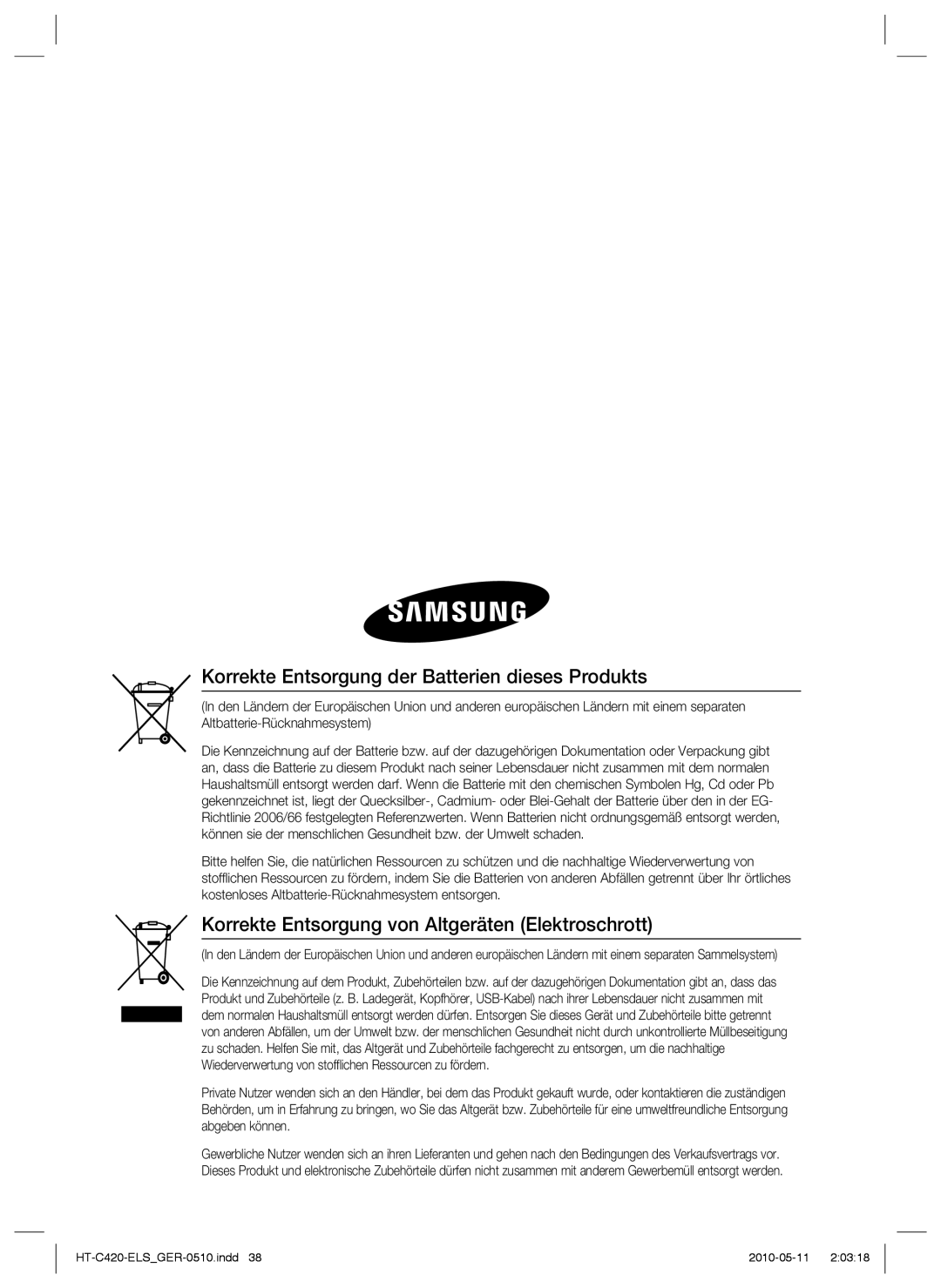 Samsung HT-C420/EDC, HT-C420/XEN manual Korrekte Entsorgung der Batterien dieses Produkts 