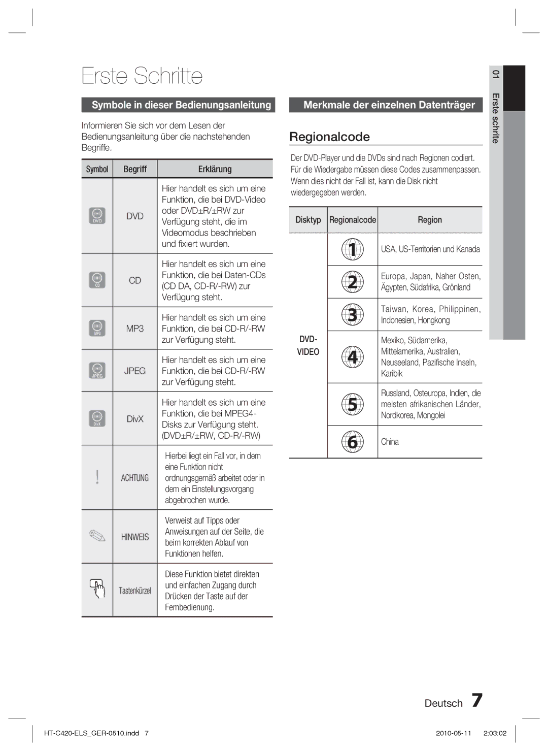 Samsung HT-C420/XEN, HT-C420/EDC manual Erste Schritte, Regionalcode, Symbole in dieser Bedienungsanleitung 