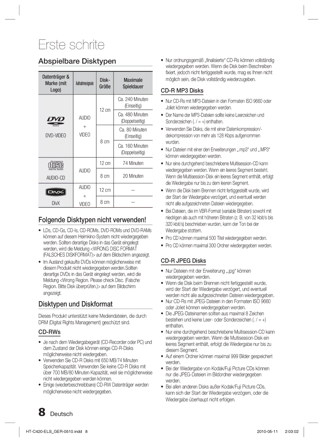 Samsung HT-C420/EDC, HT-C420/XEN manual Erste schrite, Abspielbare Disktypen, Disktypen und Diskformat 