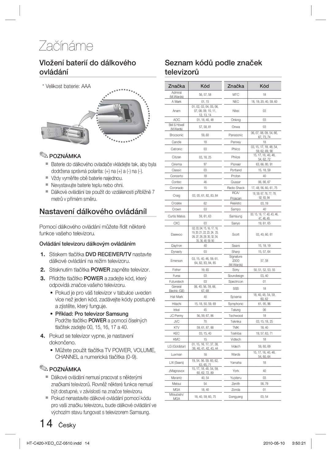 Samsung HT-C420/EDC manual Nastavení dálkového ovládáníl, 14 Česky, Velikost baterie AAA 