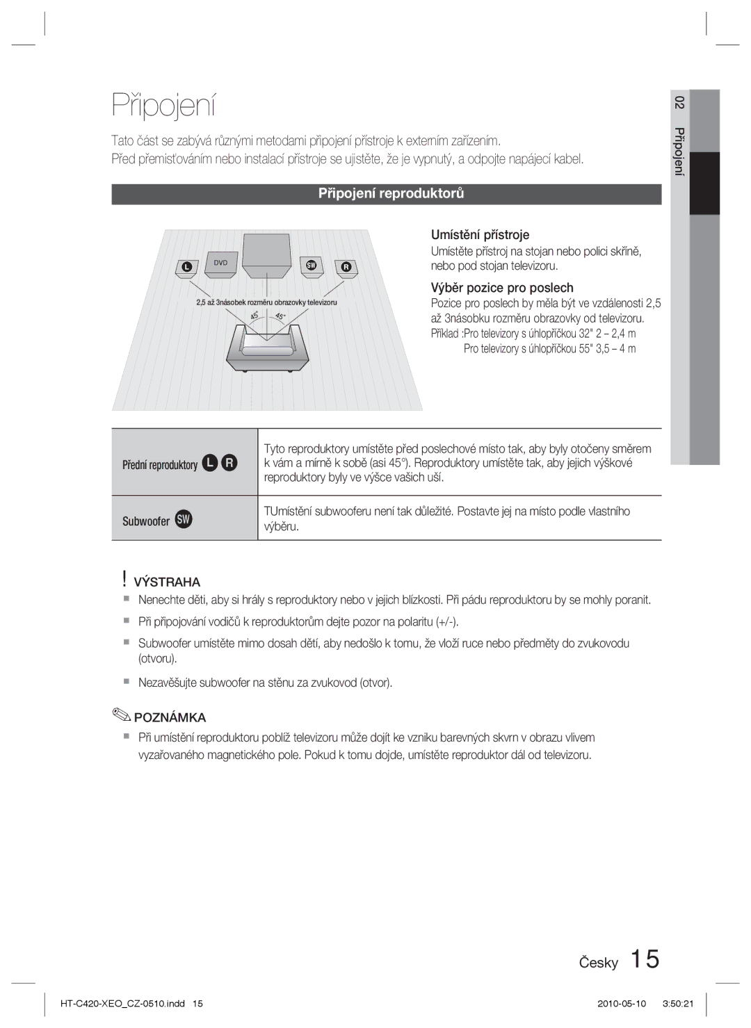 Samsung HT-C420/EDC manual Připojení reproduktorů, Výstraha 