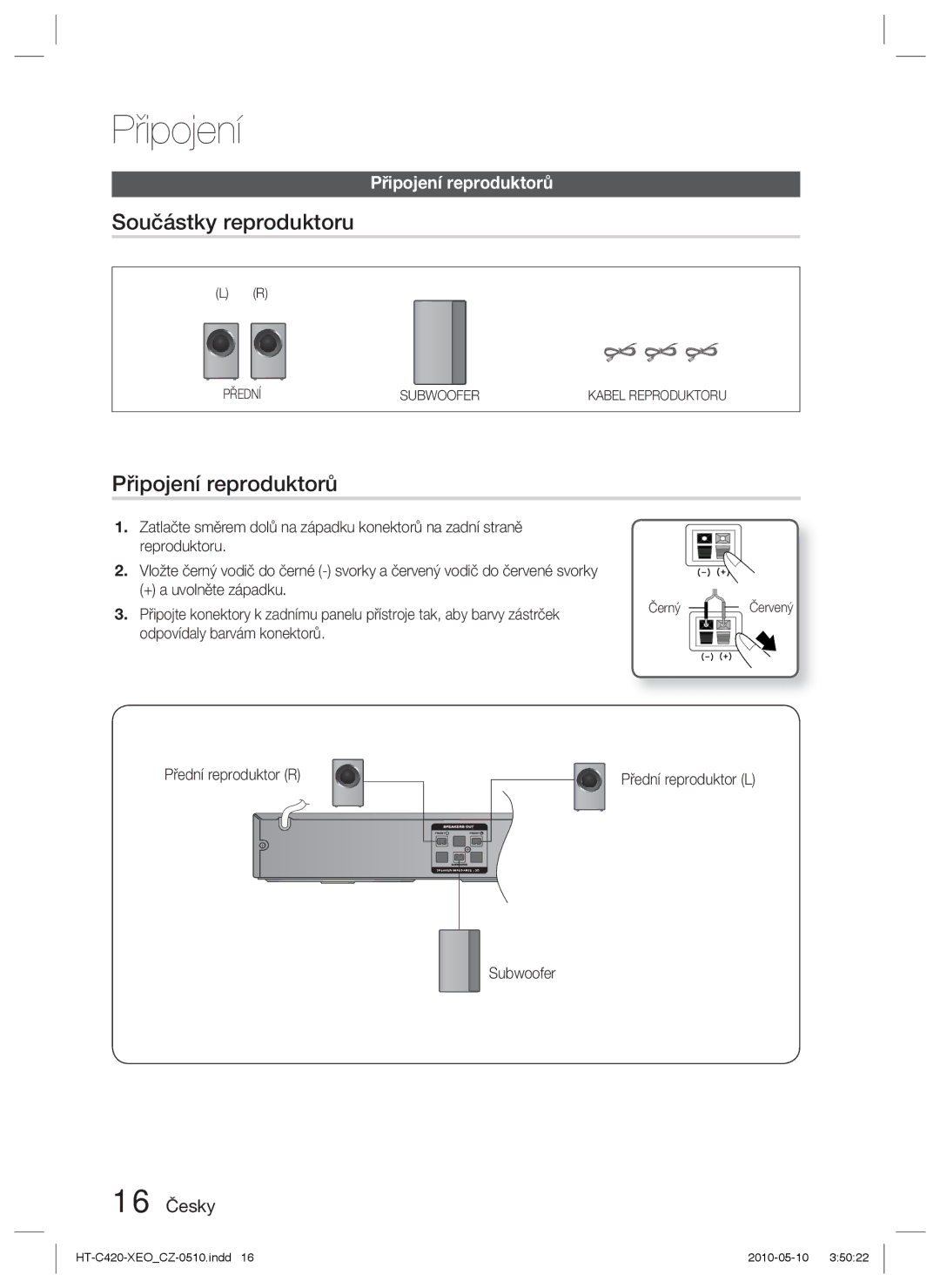 Samsung HT-C420/EDC manual Součástky reproduktoru, Připojení reproduktorů, 16 Česky 