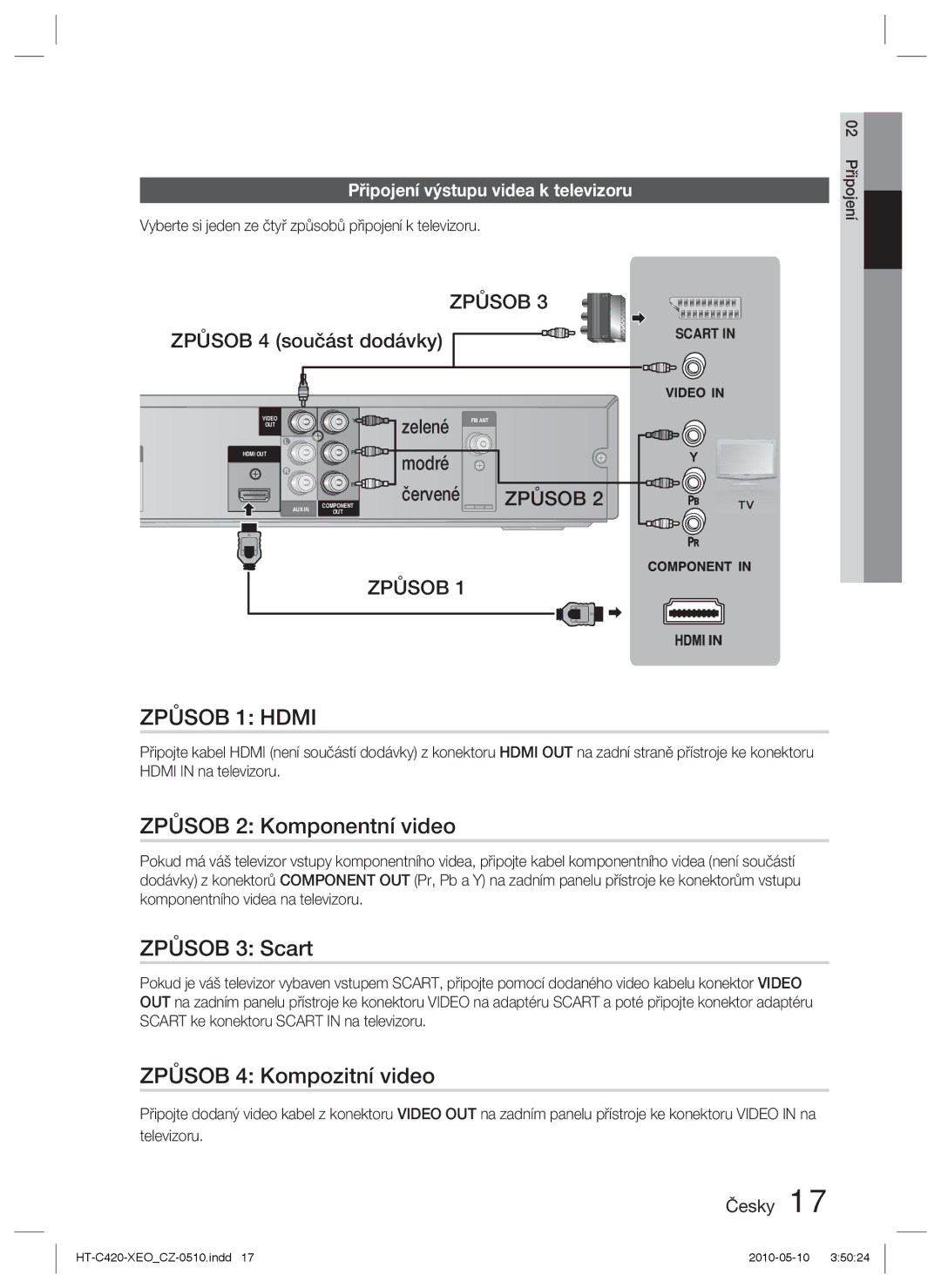 Samsung HT-C420/EDC manual Způsob 2 Komponentní video, Způsob 3 Scart, Způsob 4 Kompozitní video 