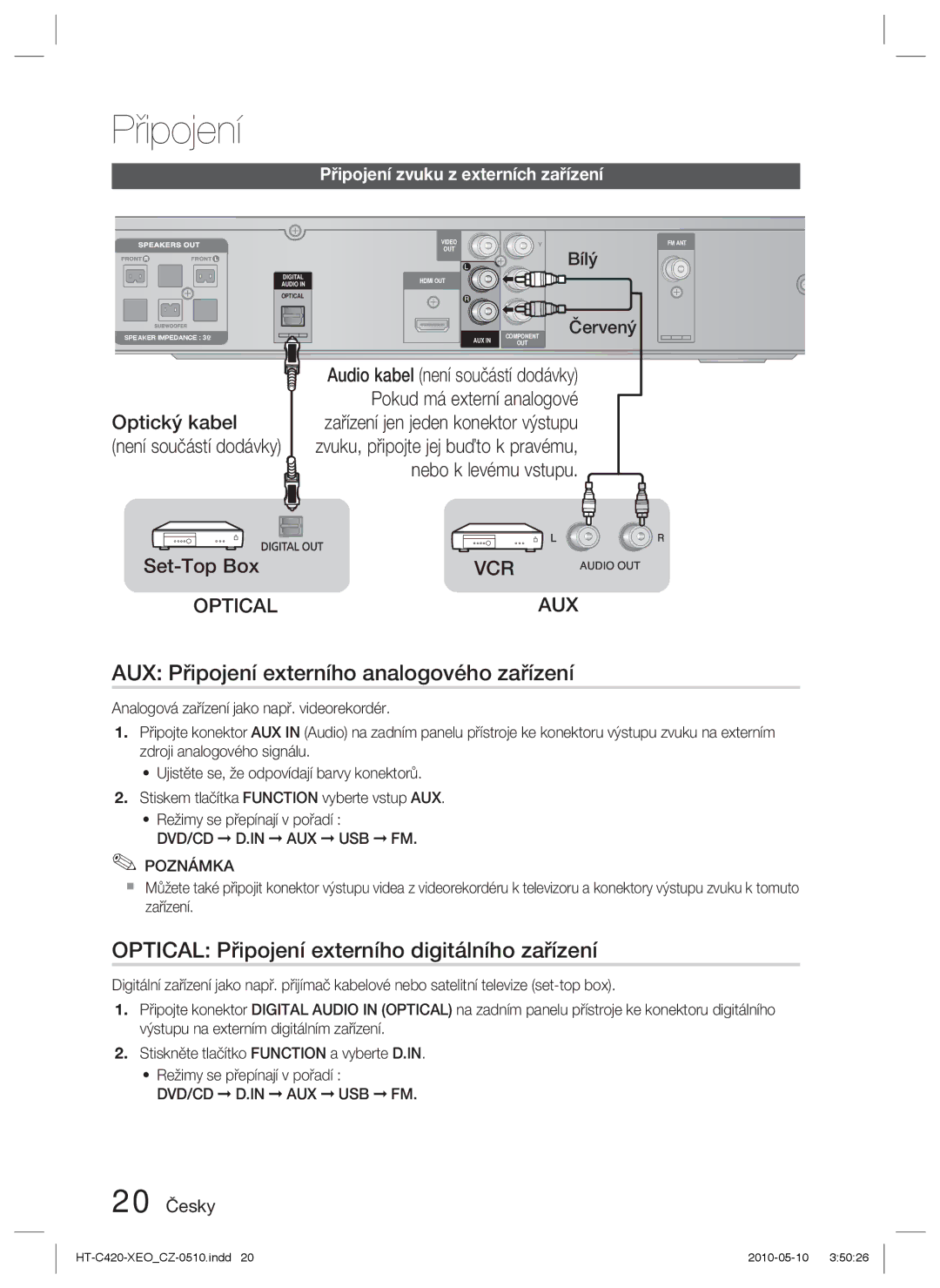 Samsung HT-C420/EDC manual AUX Připojení externího analogového zařízení, Optical Připojení externího digitálního zařízení 