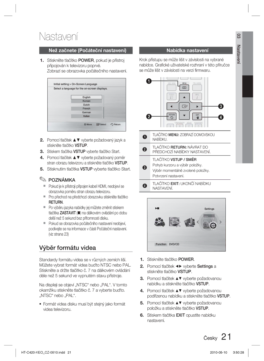 Samsung HT-C420/EDC manual Nastavení, Výběr formátu videa, Než začnete Počáteční nastavení, Nabídka nastavení, Return 