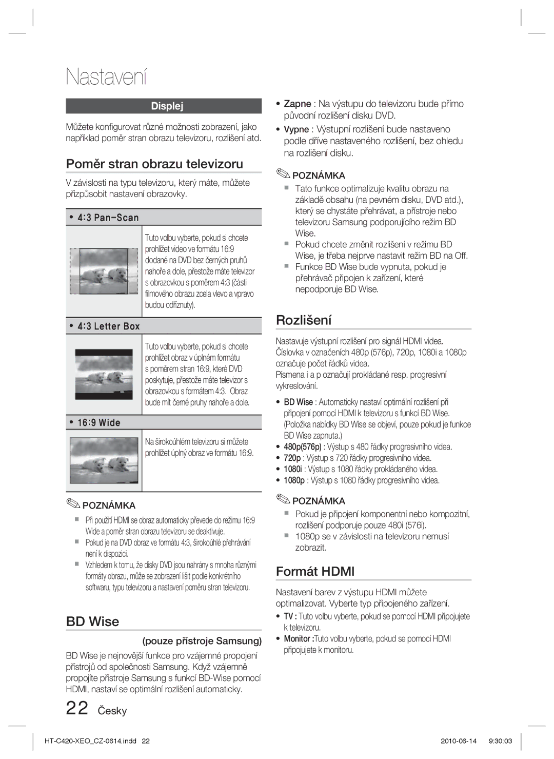 Samsung HT-C420/EDC manual Poměr stran obrazu televizoru, BD Wise, Rozlišení, Formát Hdmi, Displej 