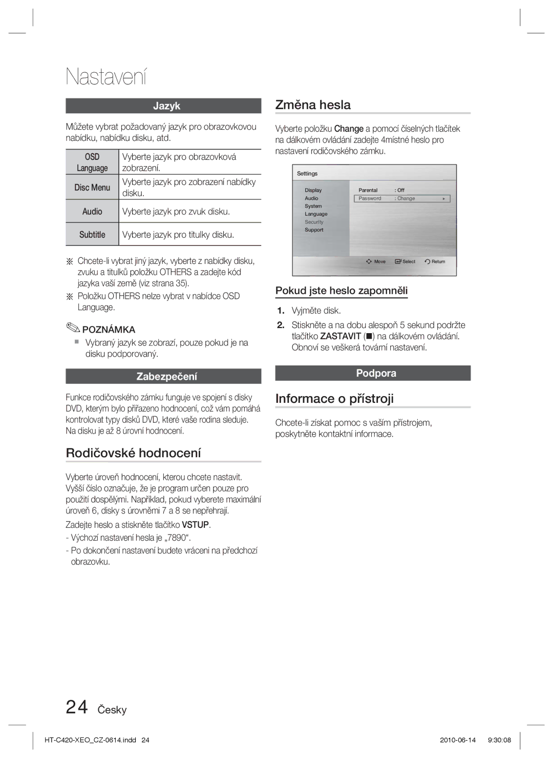 Samsung HT-C420/EDC manual Změna hesla, Rodičovské hodnocení, Informace o přístroji 