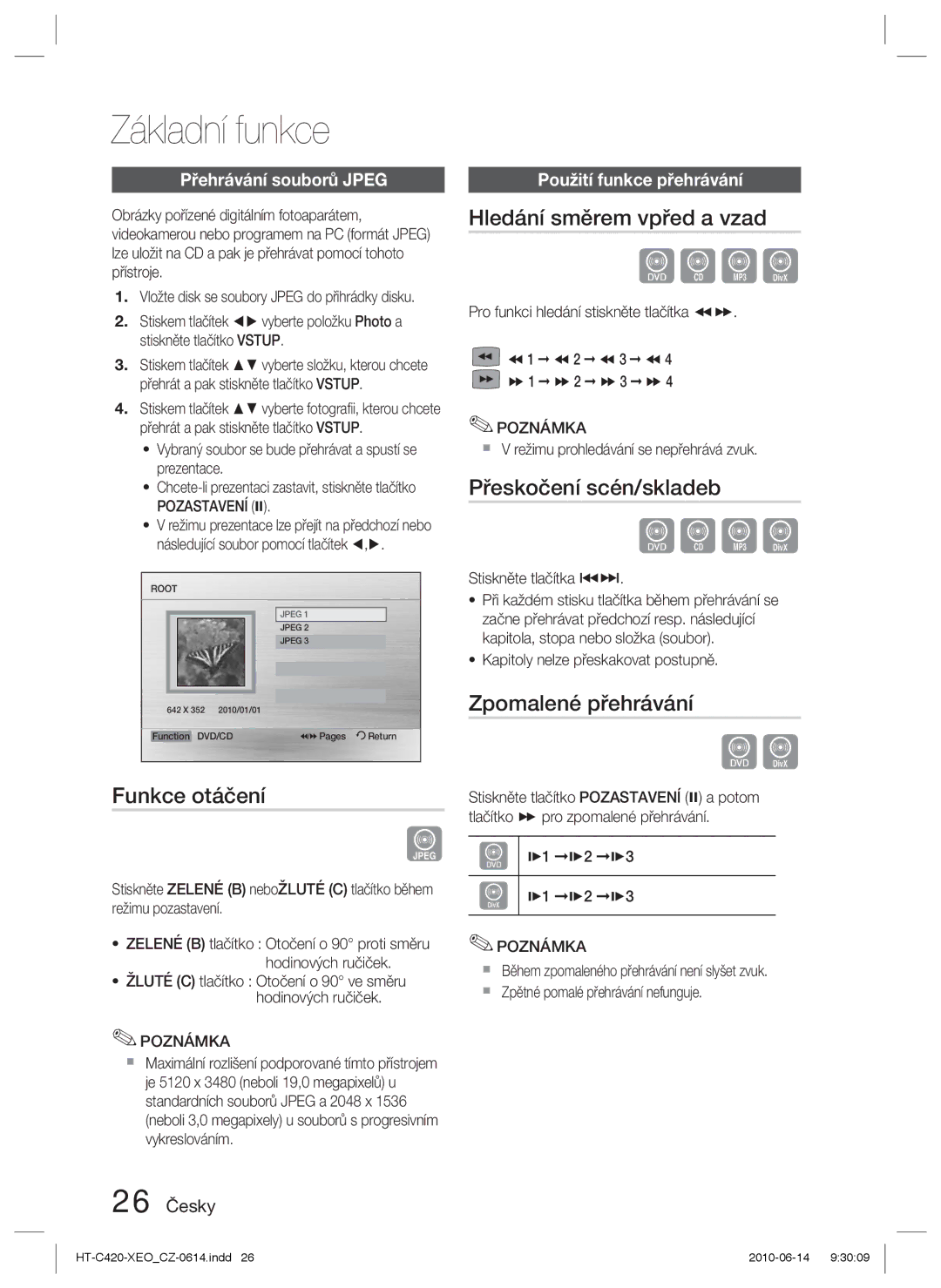 Samsung HT-C420/EDC manual Funkce otáčení, Hledání směrem vpřed a vzad, Přeskočení scén/skladeb, Zpomalené přehrávání 