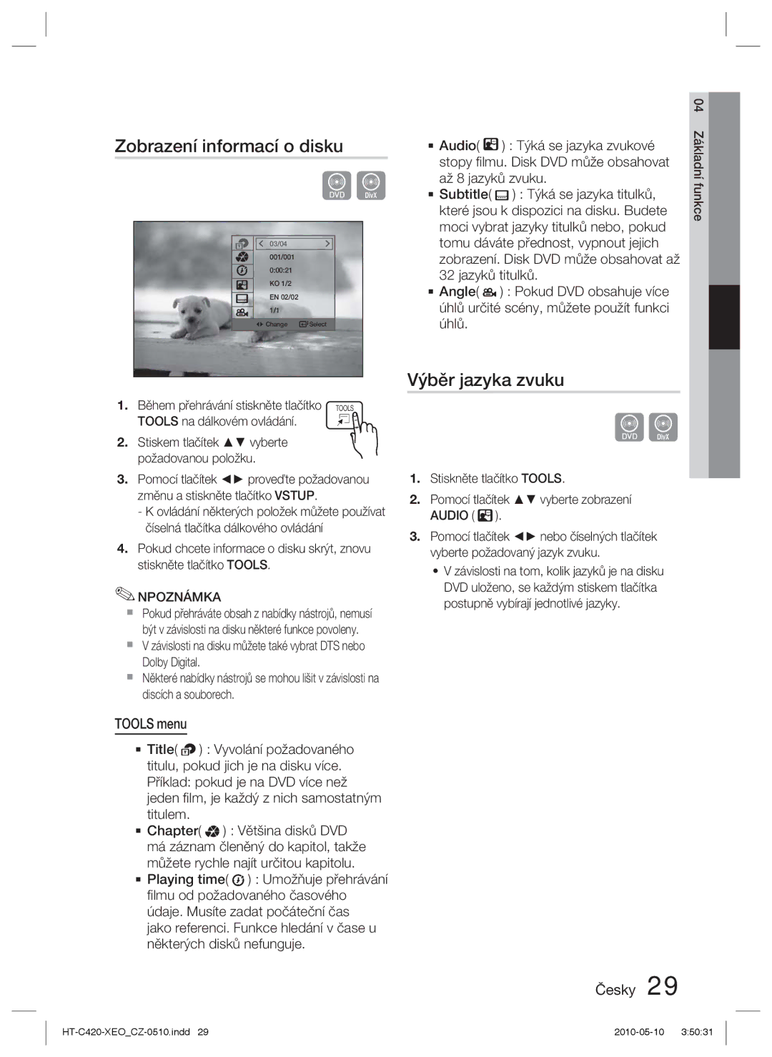 Samsung HT-C420/EDC manual Zobrazení informací o disku, Výběr jazyka zvuku, Tools menu, Npoznámka 