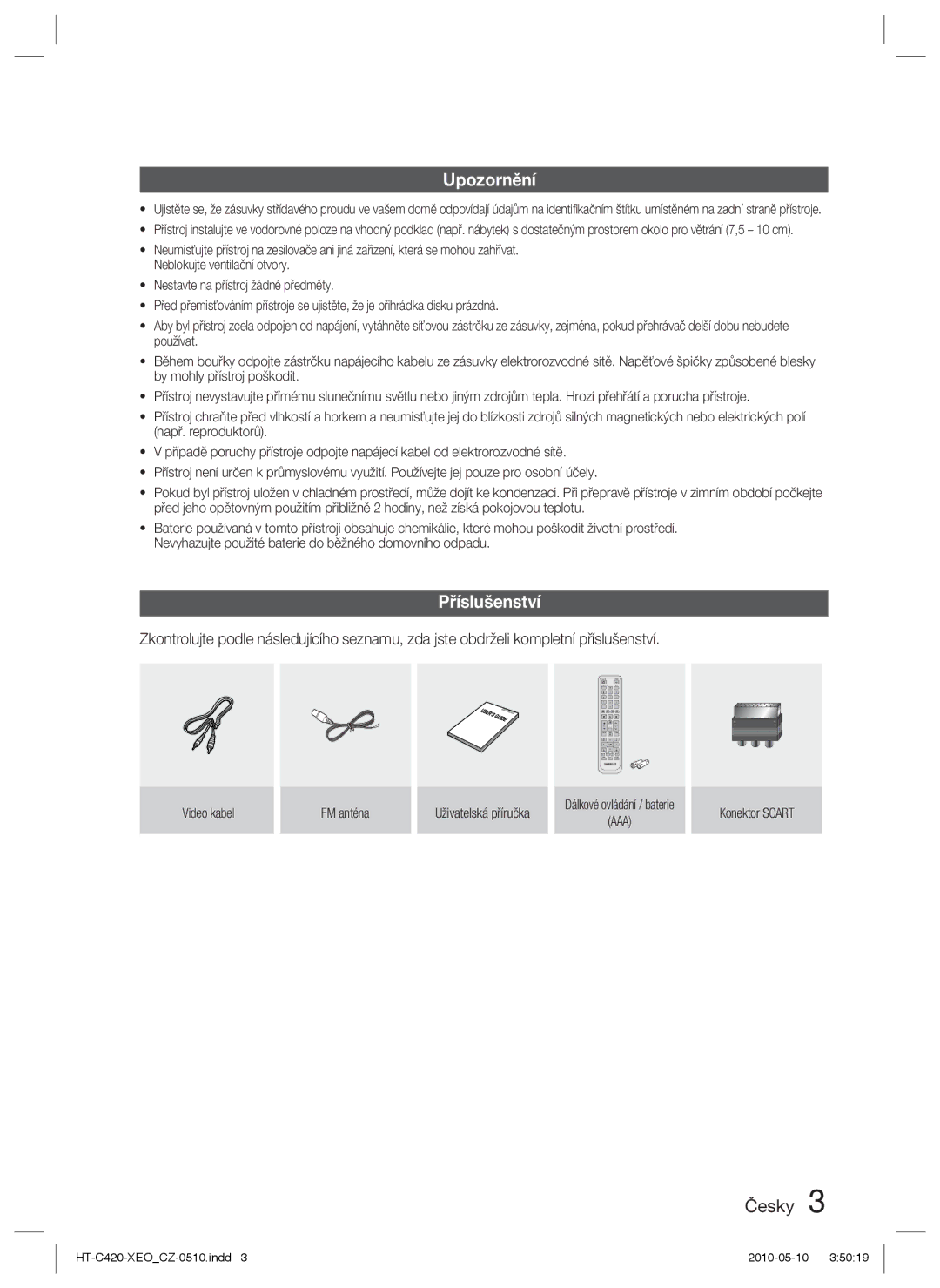 Samsung HT-C420/EDC manual Upozornění, Příslušenství 