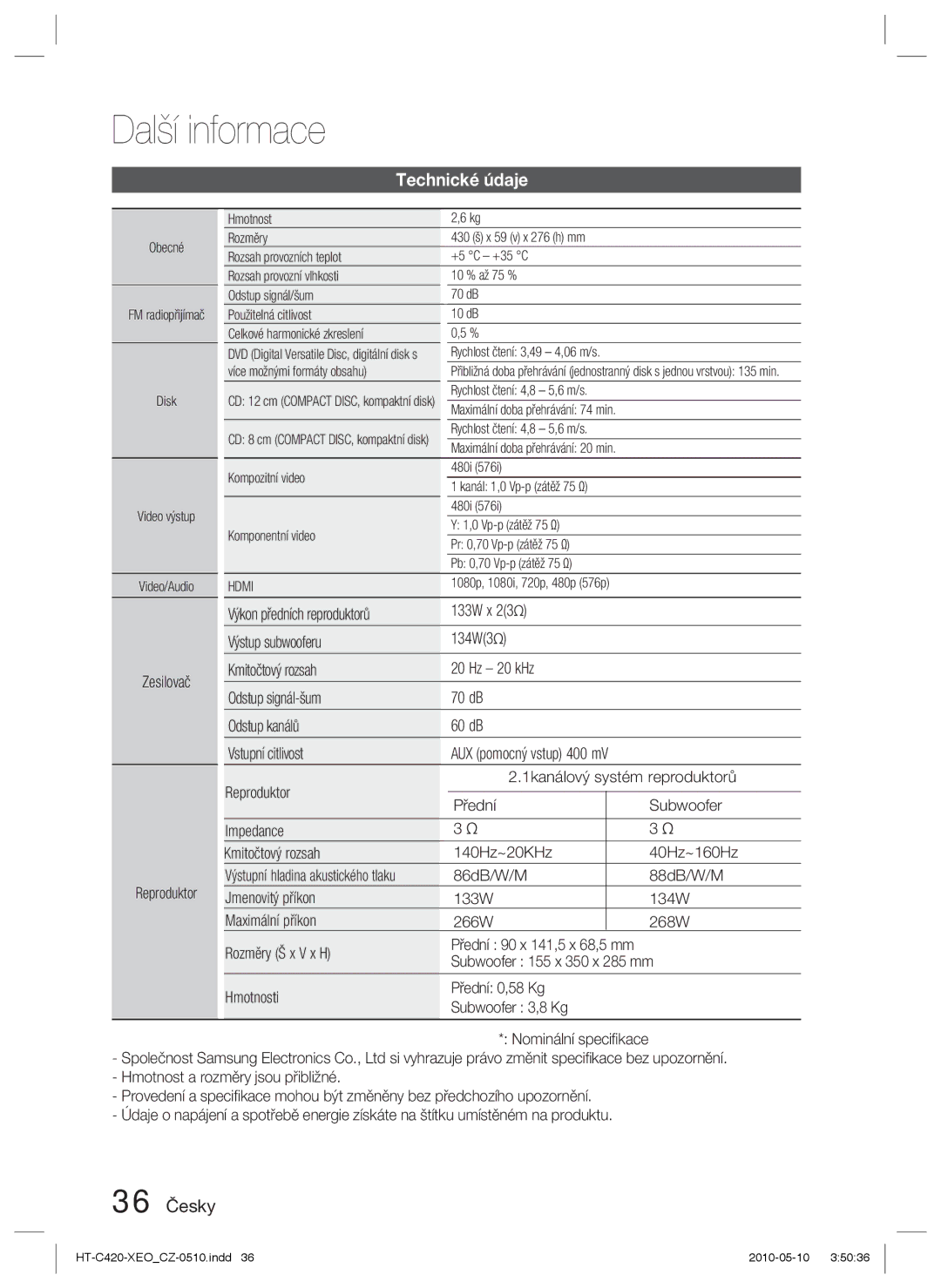 Samsung HT-C420/EDC manual Technické údaje, 36 Česky, Zesilovač Reproduktor, Subwoofer 155 x 350 x 285 mm 