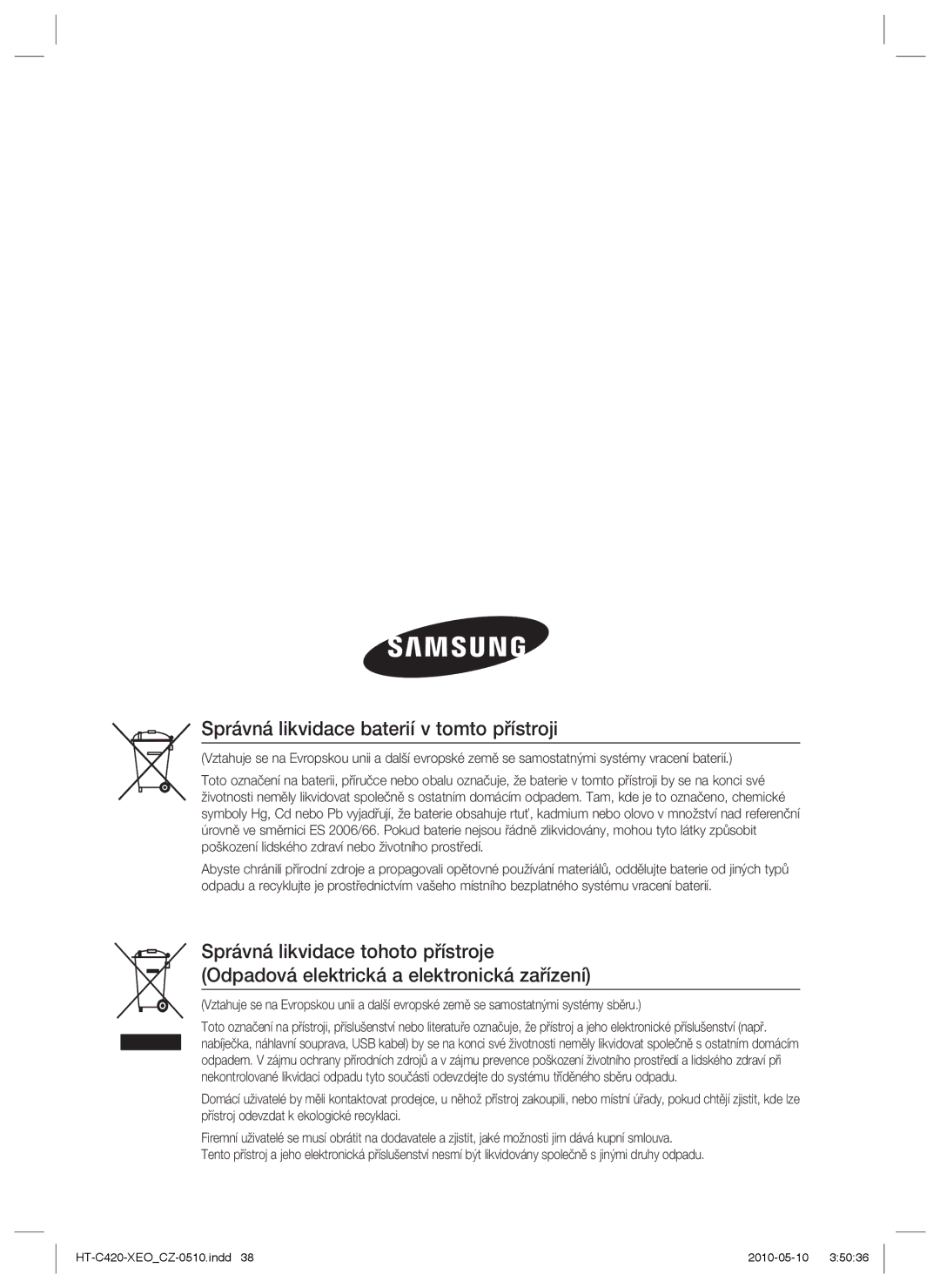 Samsung HT-C420/EDC manual Správná likvidace baterií v tomto přístroji 