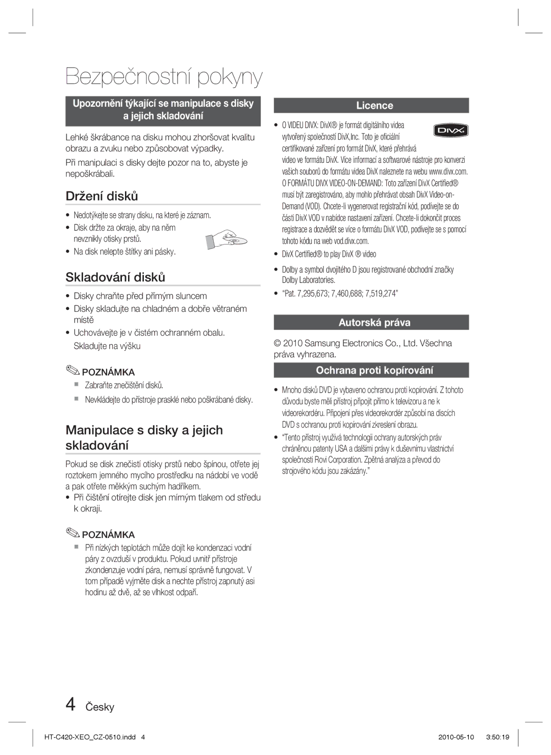 Samsung HT-C420/EDC manual Držení disků, Skladování disků, Manipulace s disky a jejich skladování 